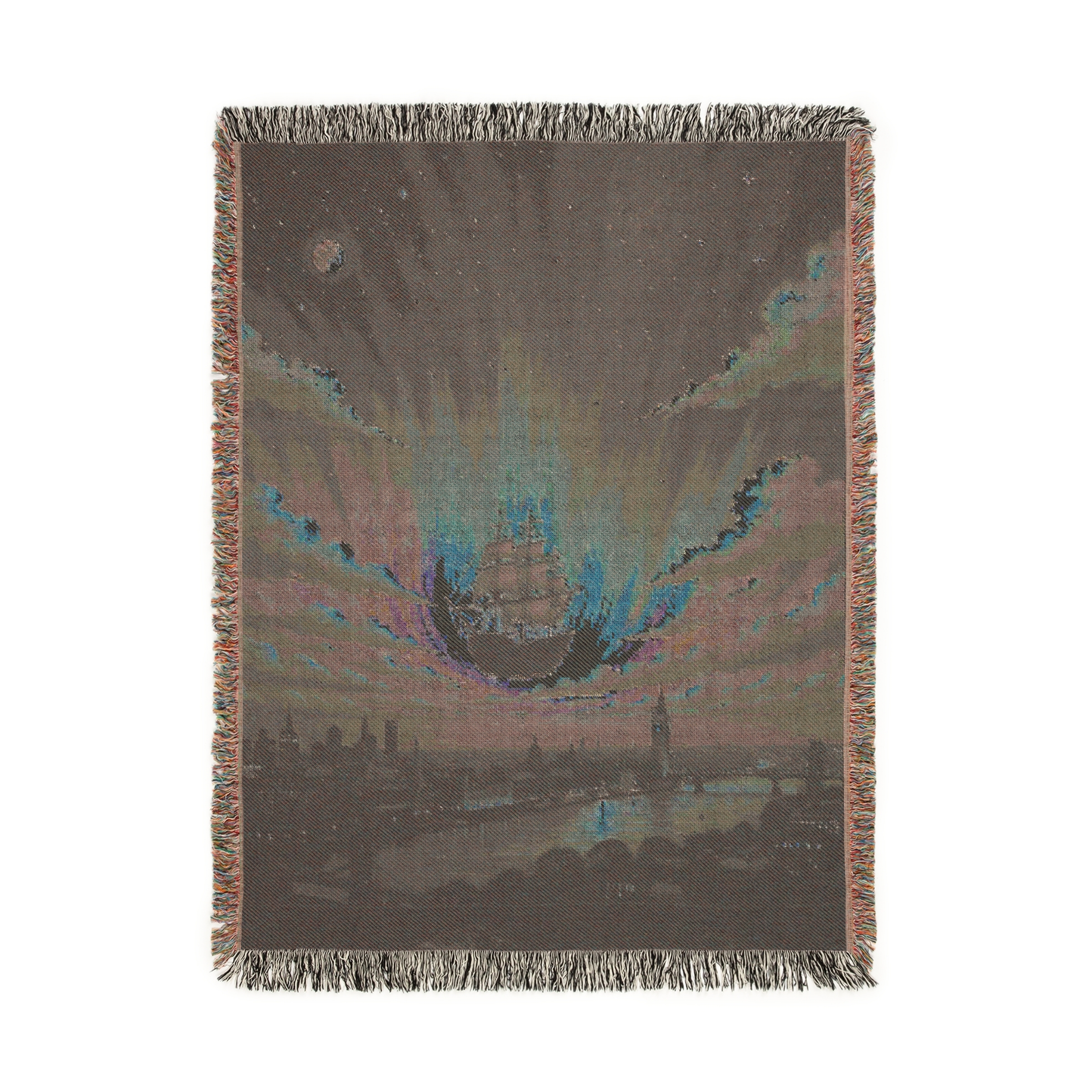 Magic Pirate Ship Flying over London & Big Ben with Aurora Borealis - Woven Blanket product thumbnail image Magic Pirate Ship Flying over London & Big Ben with Aurora Borealis - Woven Blanket product thumbnail image