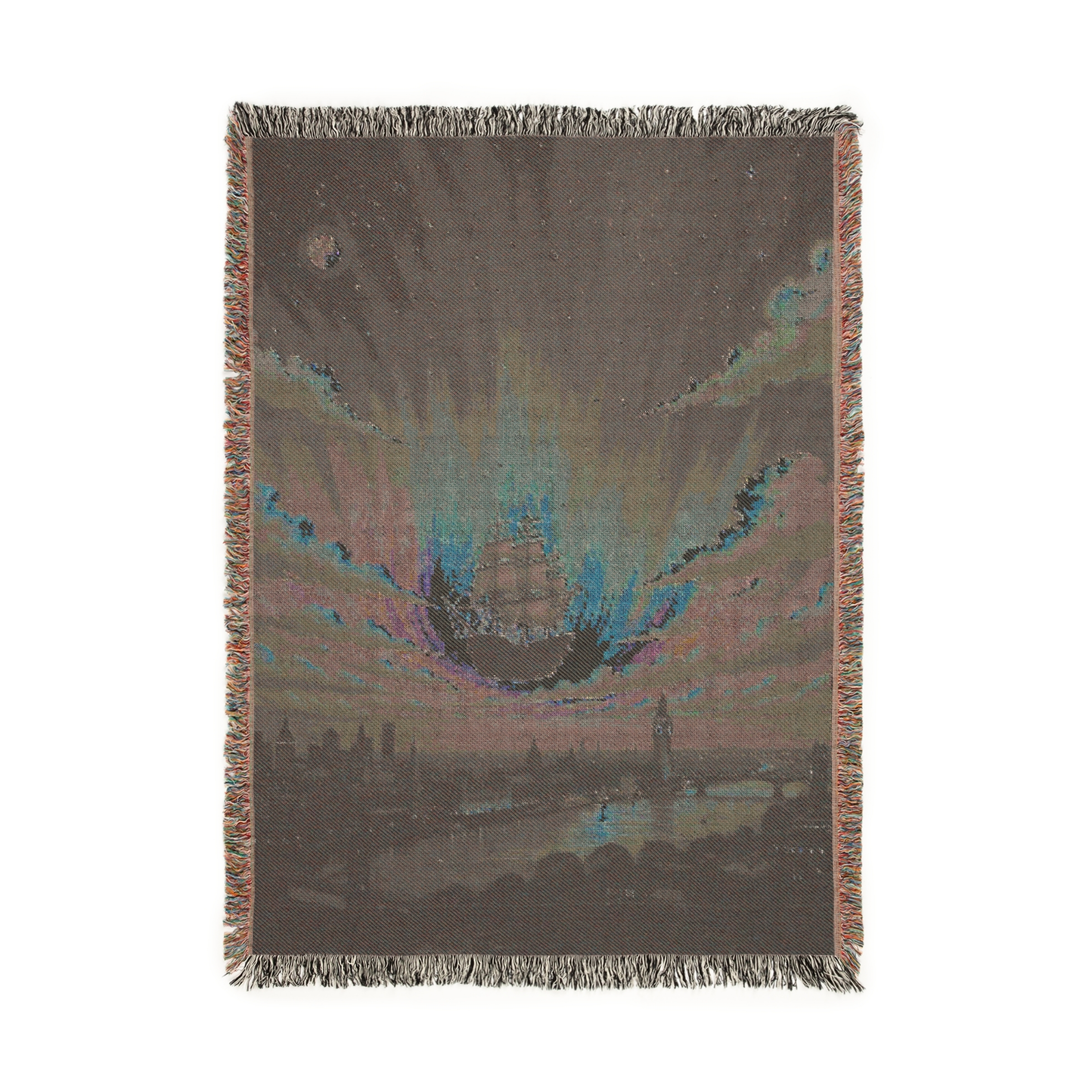 Magic Pirate Ship Flying over London & Big Ben with Aurora Borealis - Woven Blanket product thumbnail image Magic Pirate Ship Flying over London & Big Ben with Aurora Borealis - Woven Blanket product thumbnail image