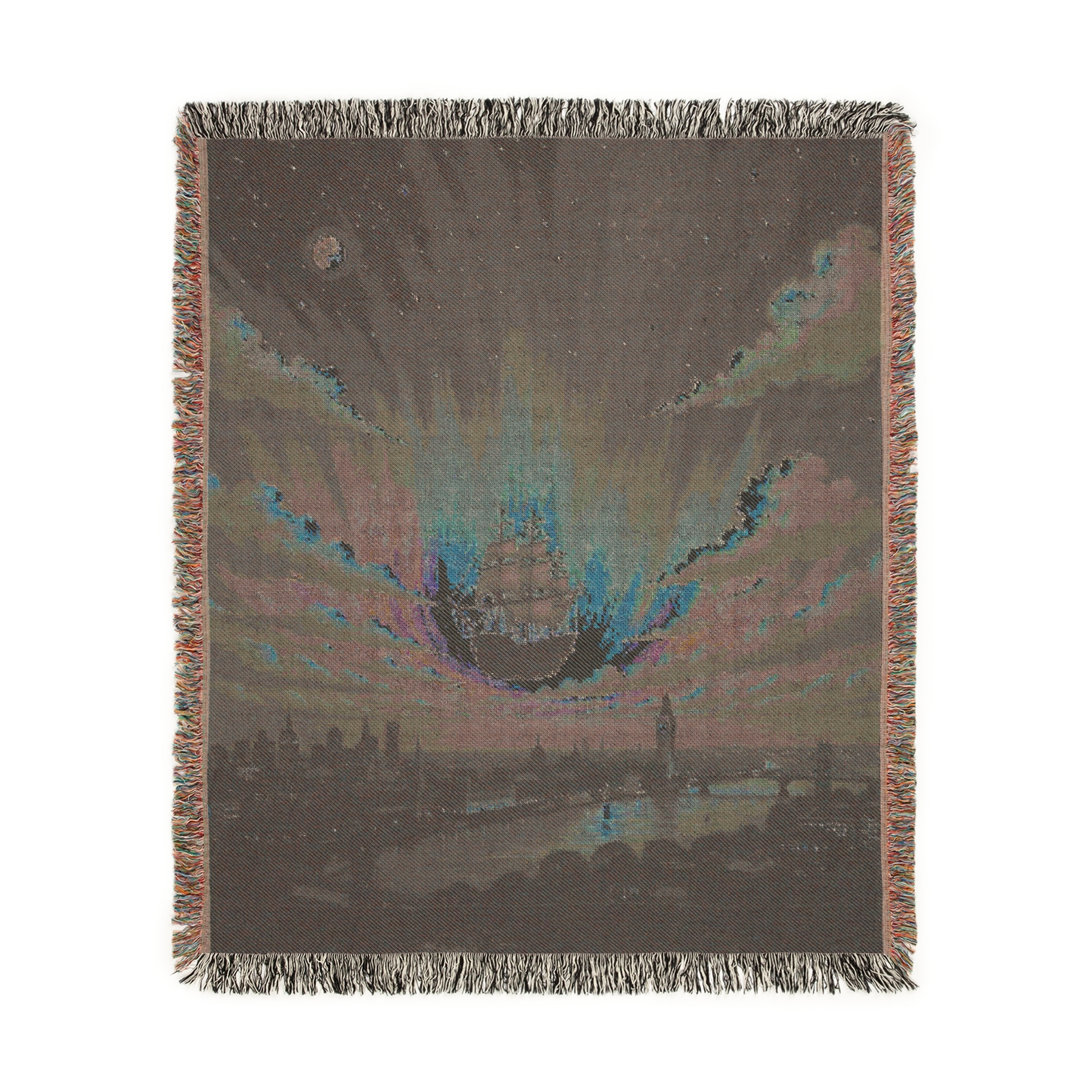 Magic Pirate Ship Flying over London & Big Ben with Aurora Borealis - Woven Blanket product thumbnail image Magic Pirate Ship Flying over London & Big Ben with Aurora Borealis - Woven Blanket product thumbnail image