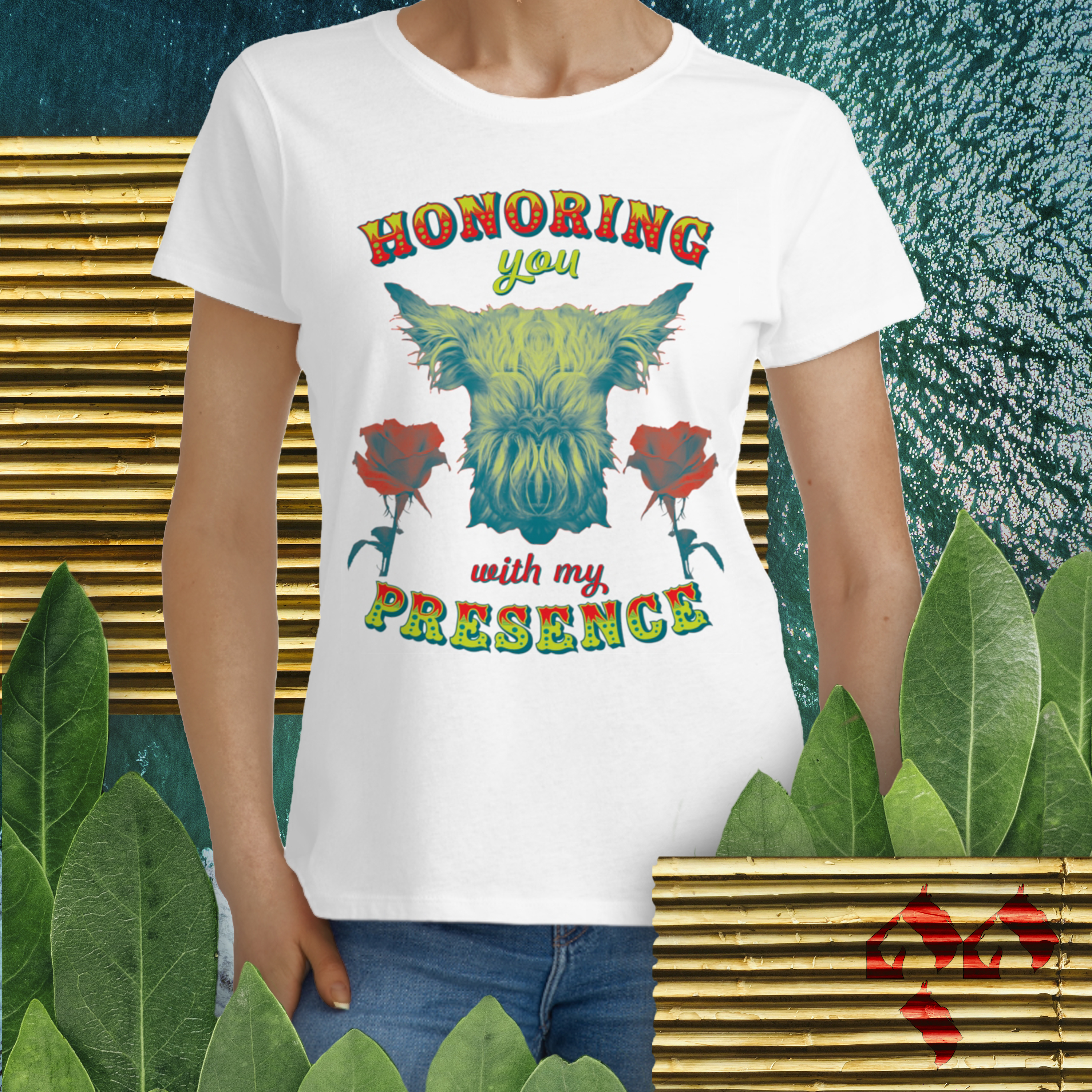 Organic Women's Tee - Honoring You With My Presence - Wheaten Scottie and Roses