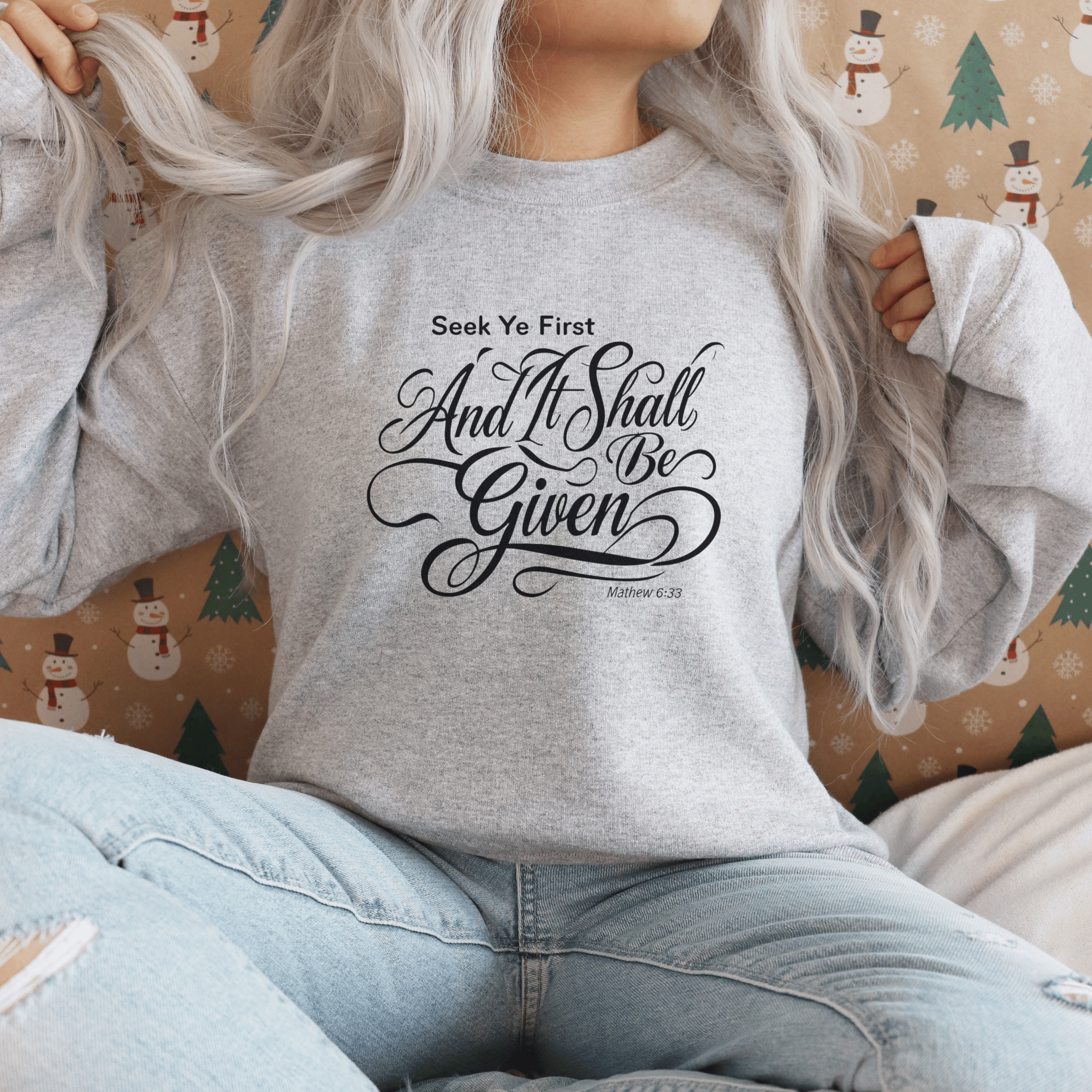 Seek Ye First Faith Based Crewneck Sweatshirt - Seek Ye First Scripture product thumbnail image Seek Ye First Faith Based Crewneck Sweatshirt - Seek Ye First Scripture product thumbnail image