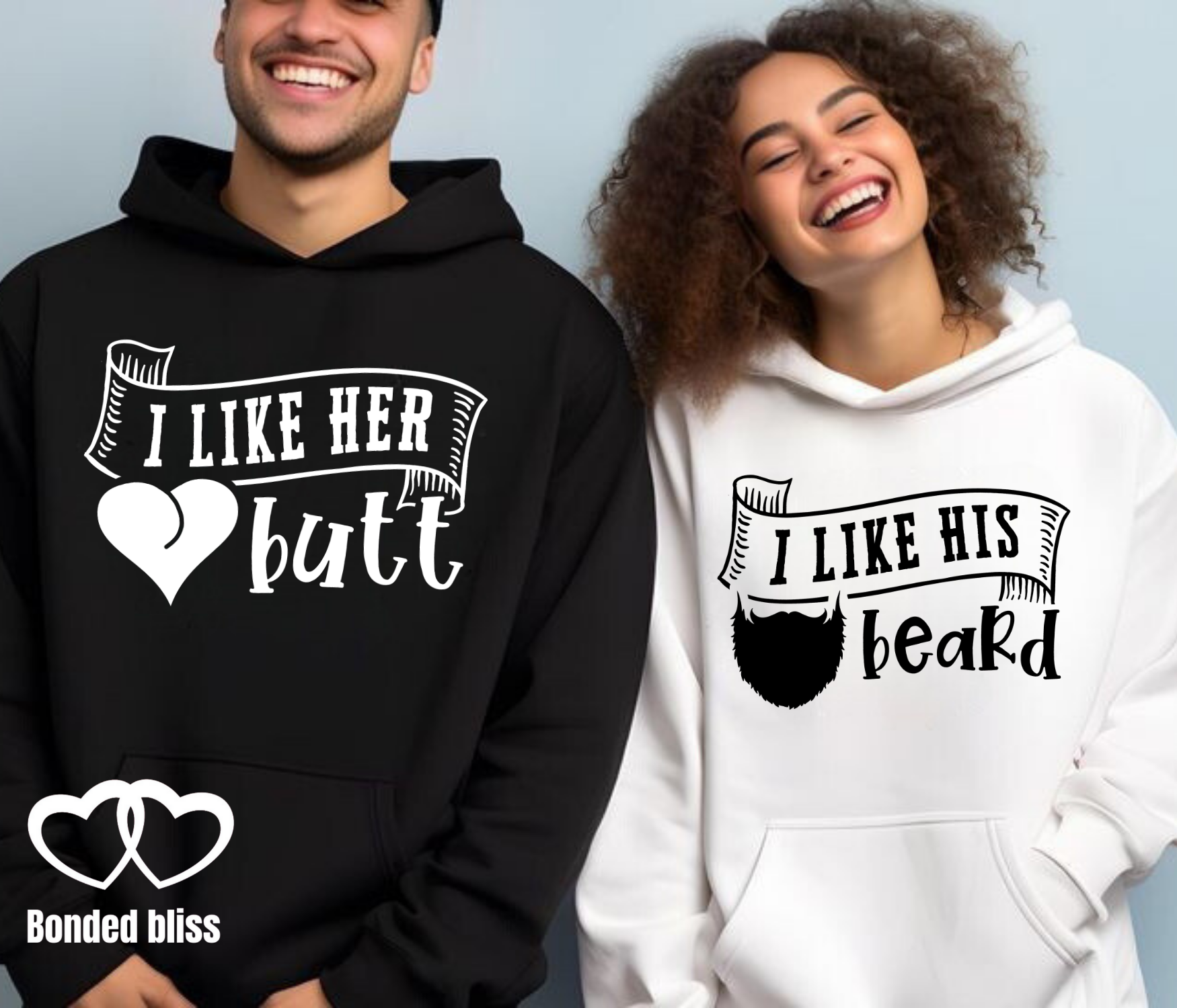 Matching Couples Hoodies - 'I Like Her Butt & I Like His Beard Matching Couples Hoodies - 'I Like Her Butt & I Like His Beard