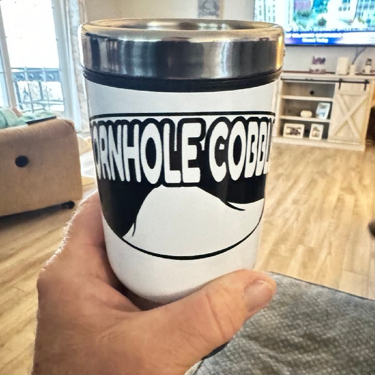 Cornhole Cobbler Stainless Steel Travel Mug with Handle, 14oz Cornhole Cobbler Stainless Steel Travel Mug with Handle, 14oz