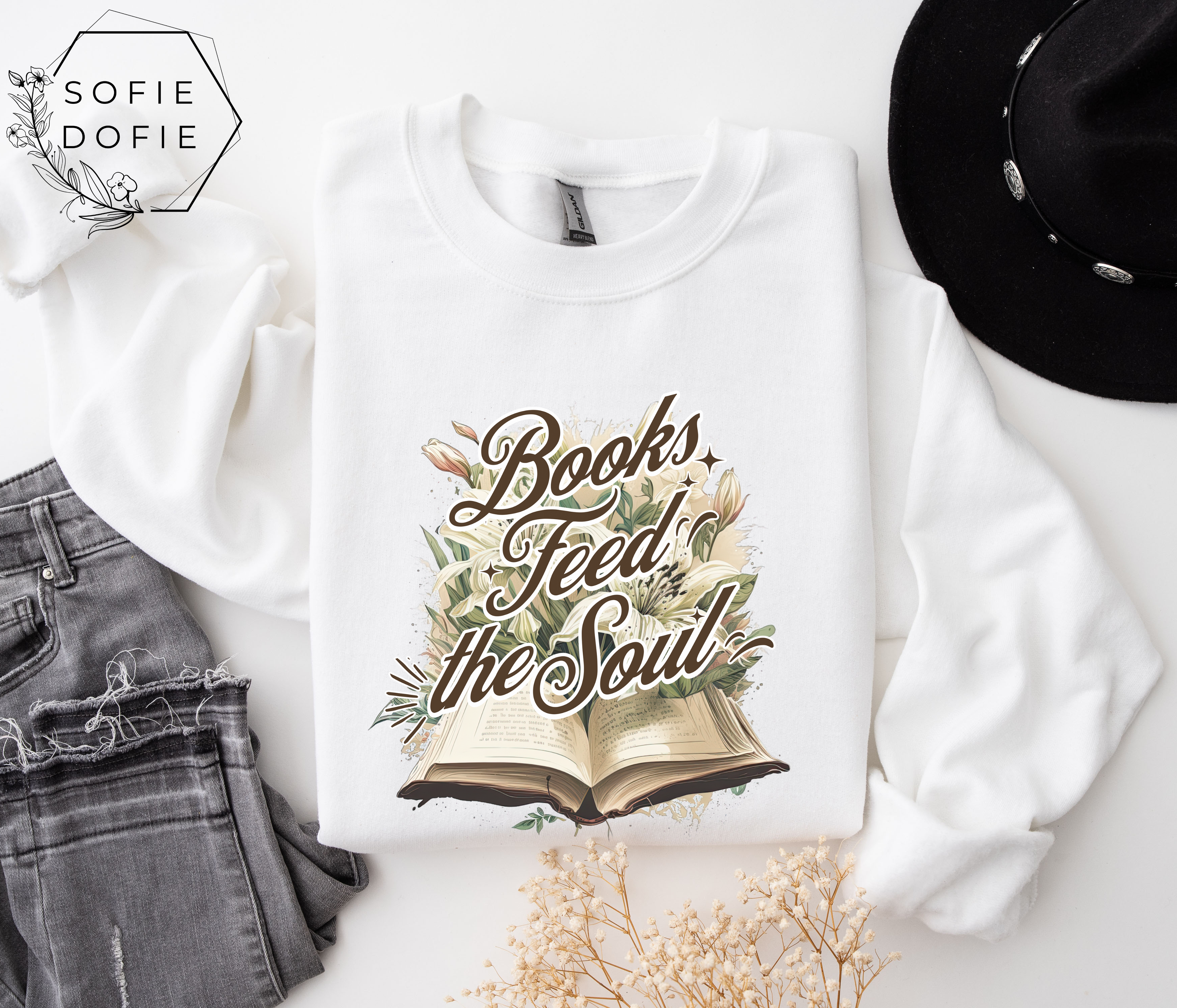 Book Lover Crewneck Sweatshirt - Books Feed the Soul product thumbnail image Book Lover Crewneck Sweatshirt - Books Feed the Soul product thumbnail image