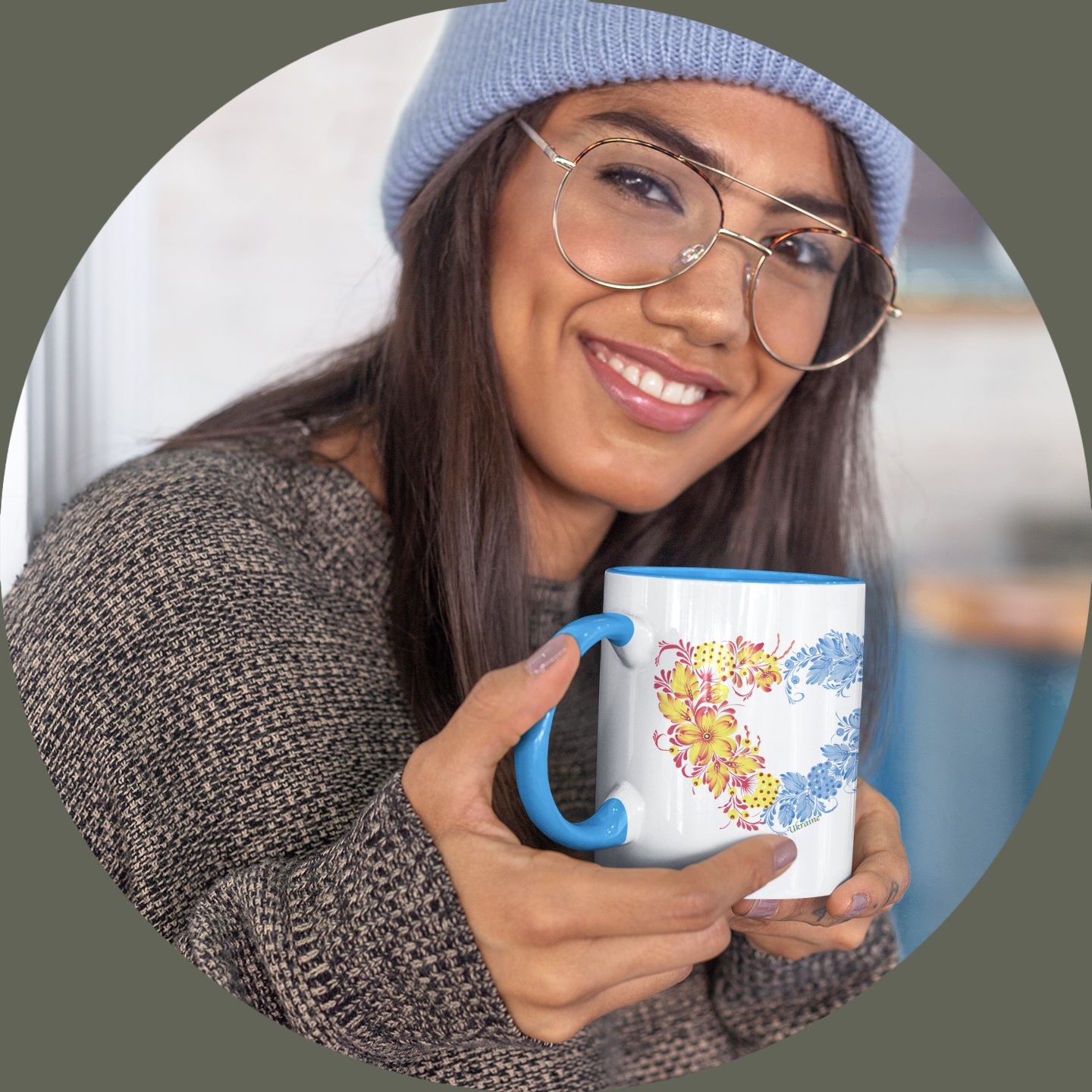 Accent Coffee Mug – Petrykivka Heart Design with Blue Handle (11, 15oz) Accent Coffee Mug – Petrykivka Heart Design with Blue Handle (11, 15oz)