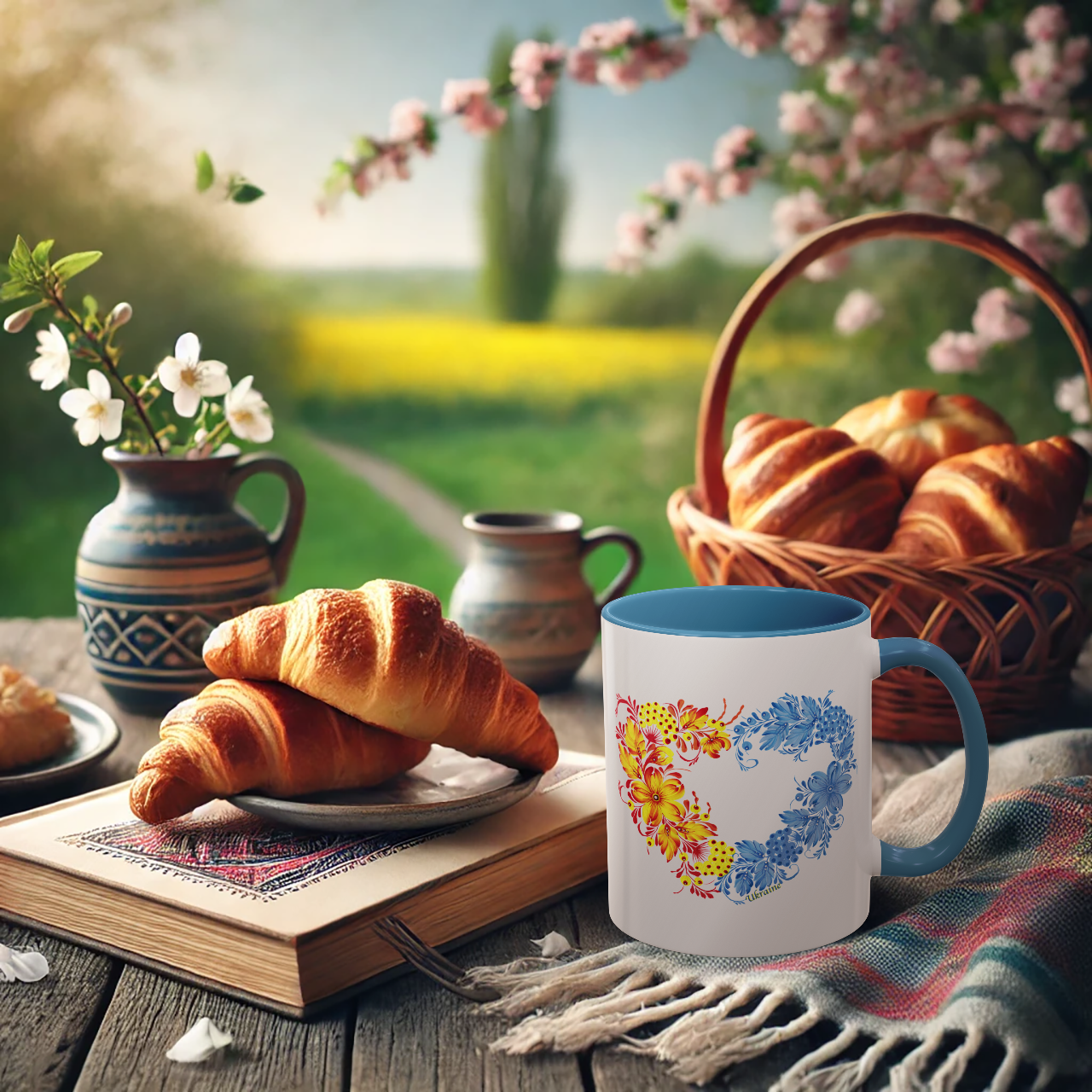 Accent Coffee Mug – Petrykivka Heart Design with Blue Handle (11, 15oz) product thumbnail image Accent Coffee Mug – Petrykivka Heart Design with Blue Handle (11, 15oz) product thumbnail image