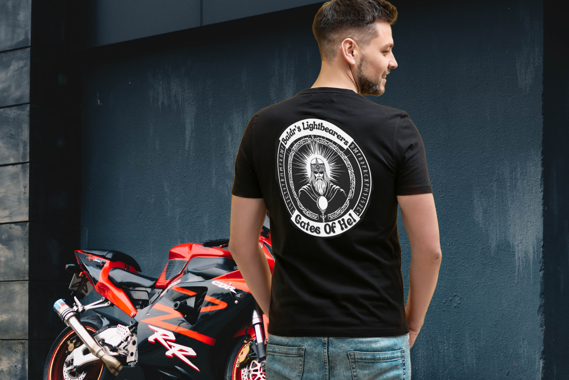 Norse Biker Style Tee Shirt, "Baldrs Lightbearers" Back Print, Viking Motorcycle Graphic Tshirt,, Short Sleeve Top, Apparel product thumbnail image Norse Biker Style Tee Shirt, "Baldrs Lightbearers" Back Print, Viking Motorcycle Graphic Tshirt,, Short Sleeve Top, Apparel product thumbnail image