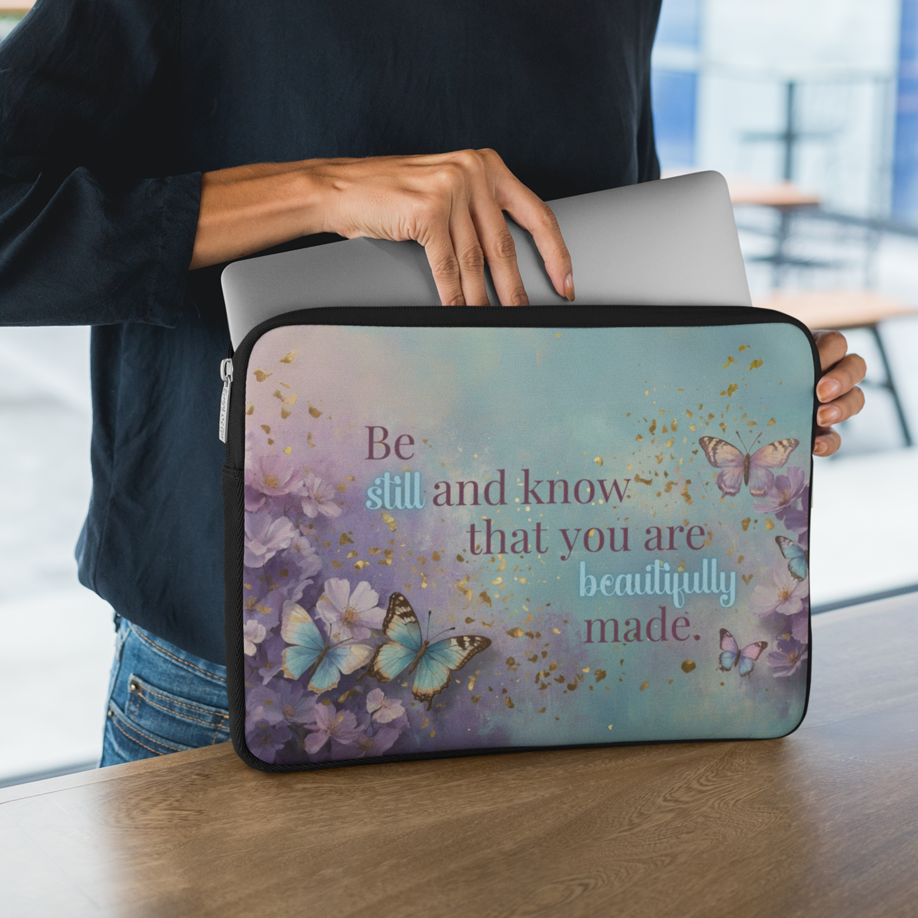 Be Still and Know Laptop Sleeve – Faith-Inspired Protection, Beautiful Butterfly Design, Encouragement and Beauty Combined product thumbnail image Be Still and Know Laptop Sleeve – Faith-Inspired Protection, Beautiful Butterfly Design, Encouragement and Beauty Combined product thumbnail image