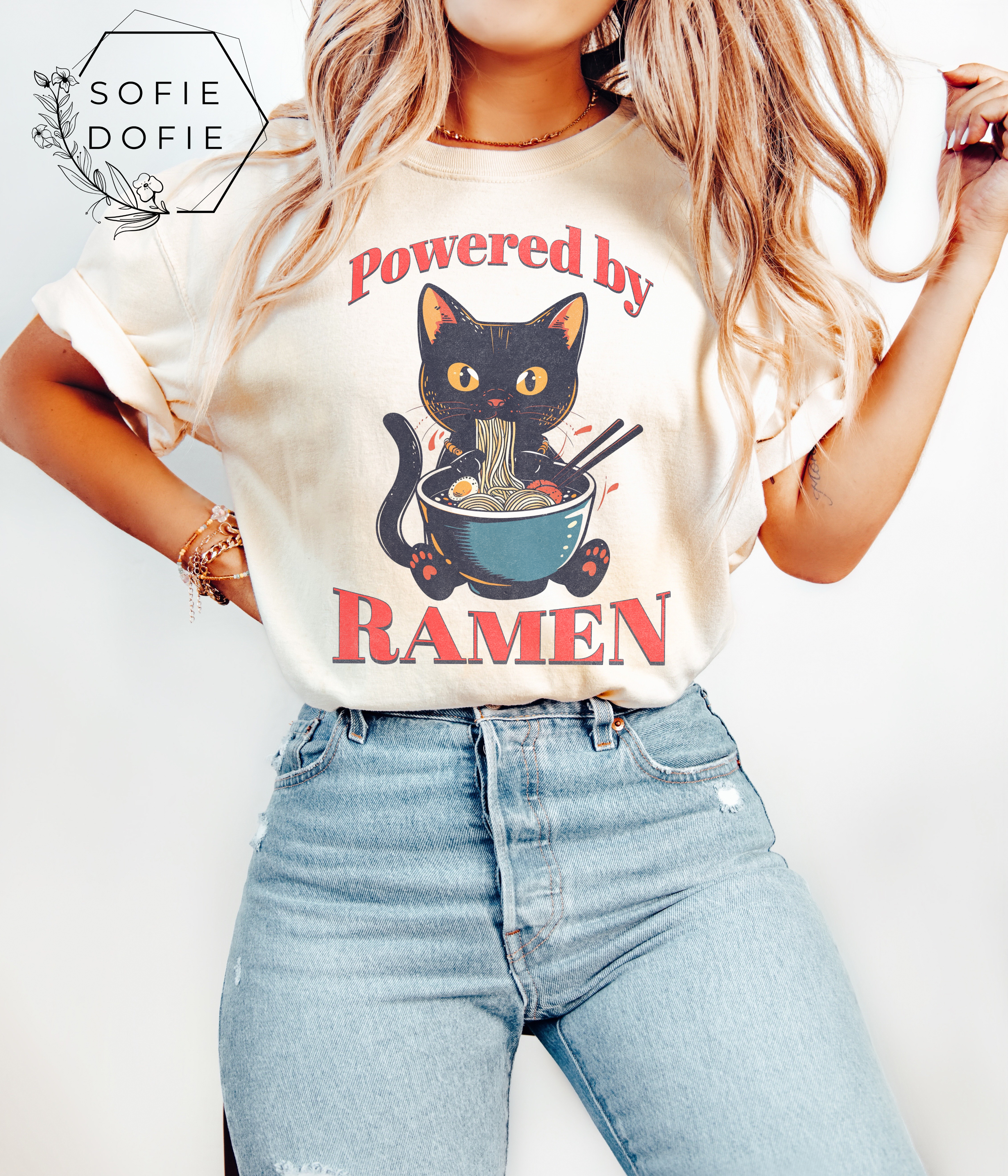 Garment-Dyed T-Shirt with Ramen Cat Design - Unisex
