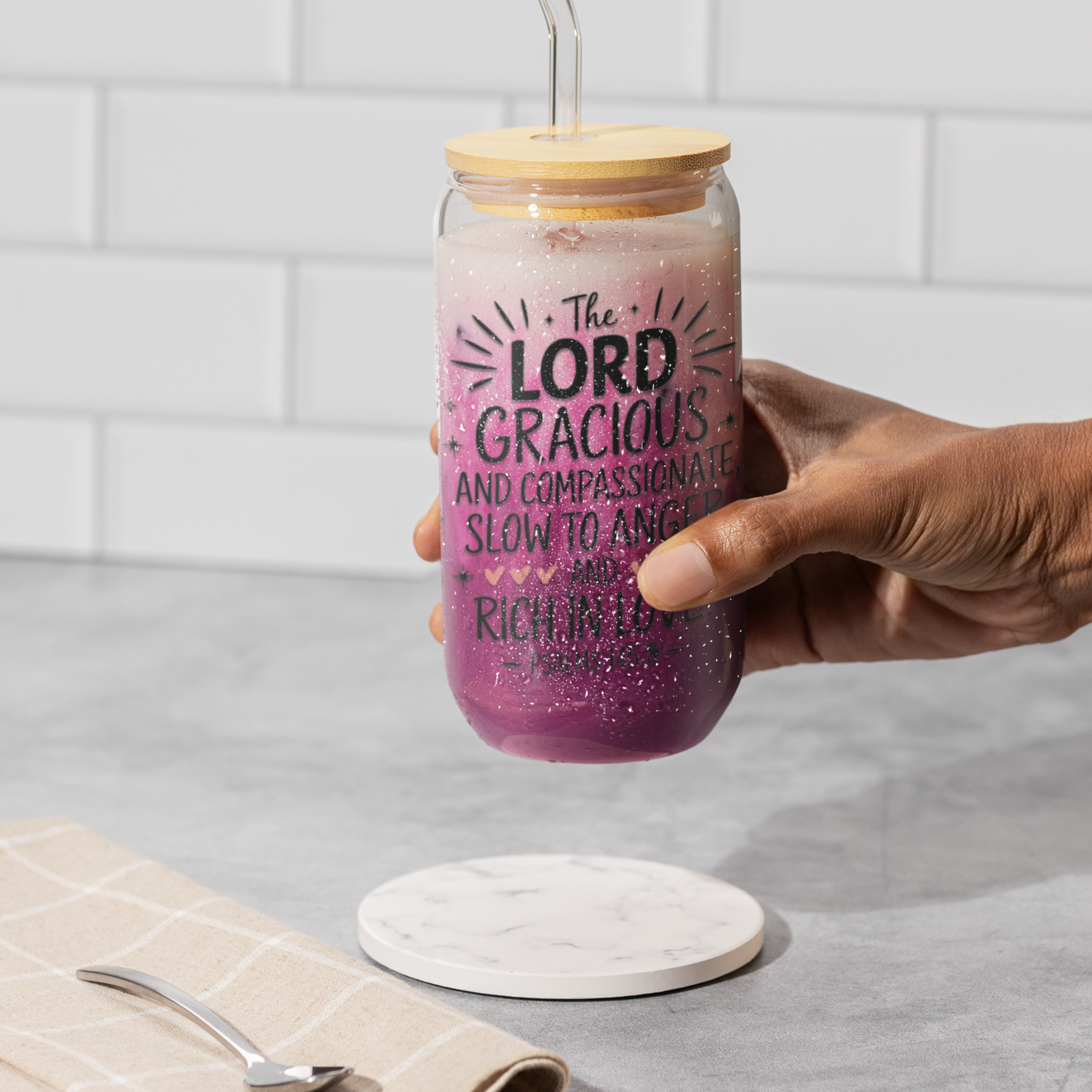The Lord Is Gracious 16oz Glass Tumbler, Faith-Inspired Tumbler with Bamboo Lid and Straw product thumbnail image The Lord Is Gracious 16oz Glass Tumbler, Faith-Inspired Tumbler with Bamboo Lid and Straw product thumbnail image