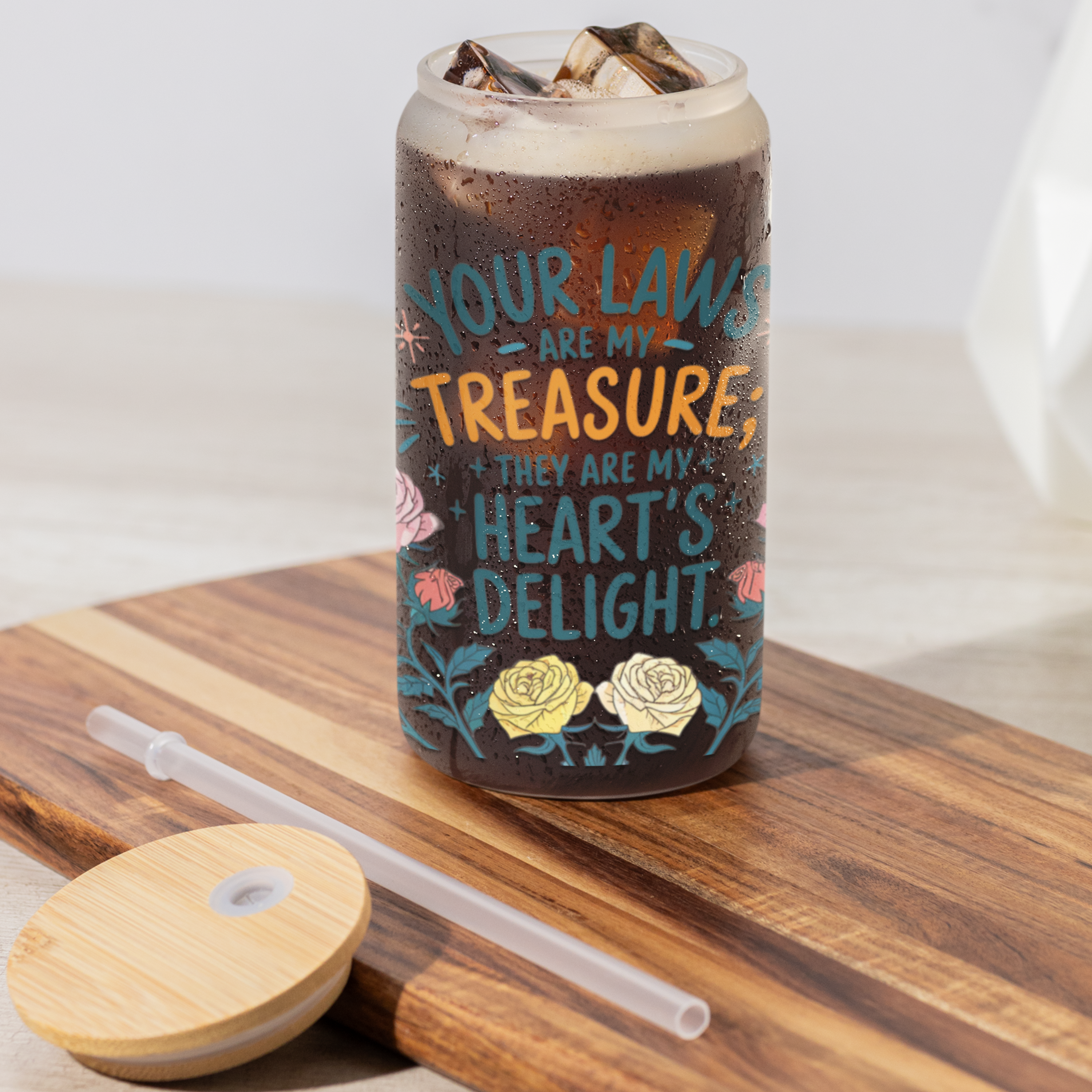 Your Laws Are My Treasure 16oz Glass Tumbler, Faith-Inspired Tumbler with Bamboo Lid and Straw product thumbnail image Your Laws Are My Treasure 16oz Glass Tumbler, Faith-Inspired Tumbler with Bamboo Lid and Straw product thumbnail image