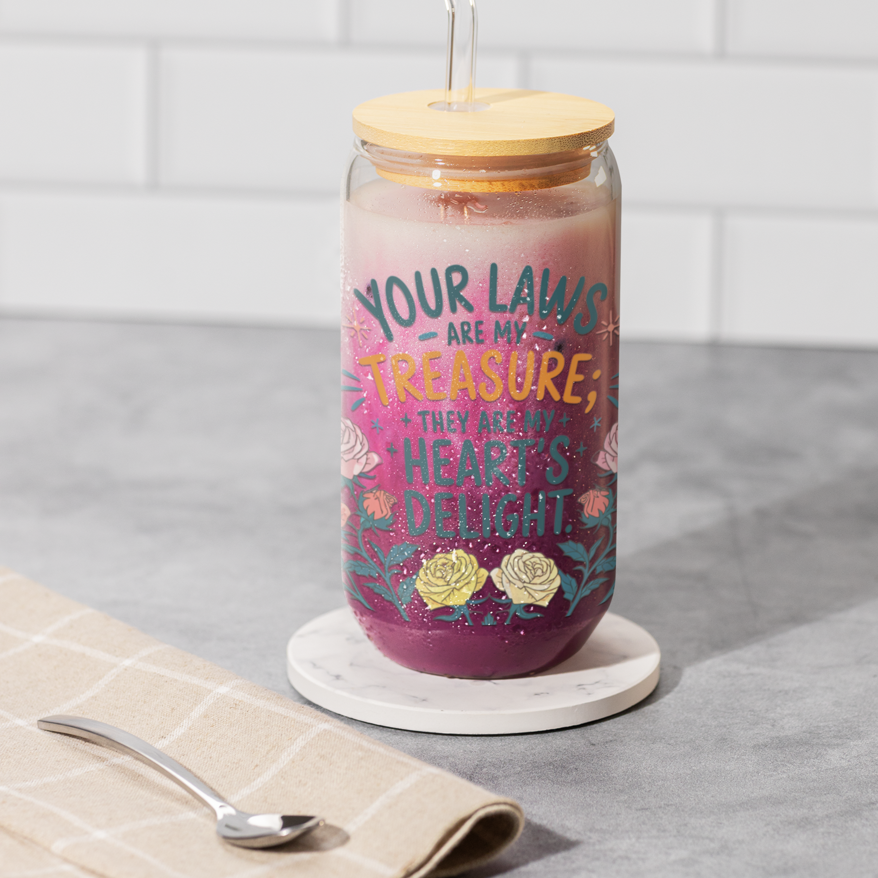 Your Laws Are My Treasure 16oz Glass Tumbler, Faith-Inspired Tumbler with Bamboo Lid and Straw product thumbnail image