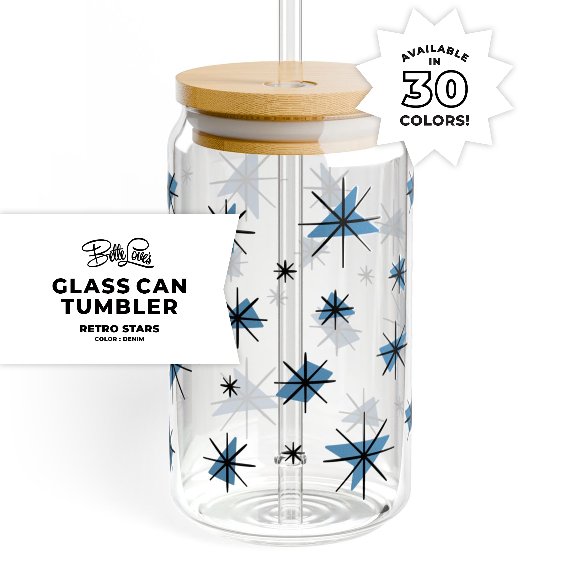 Retro Stars Glass Can Tumbler in Denim