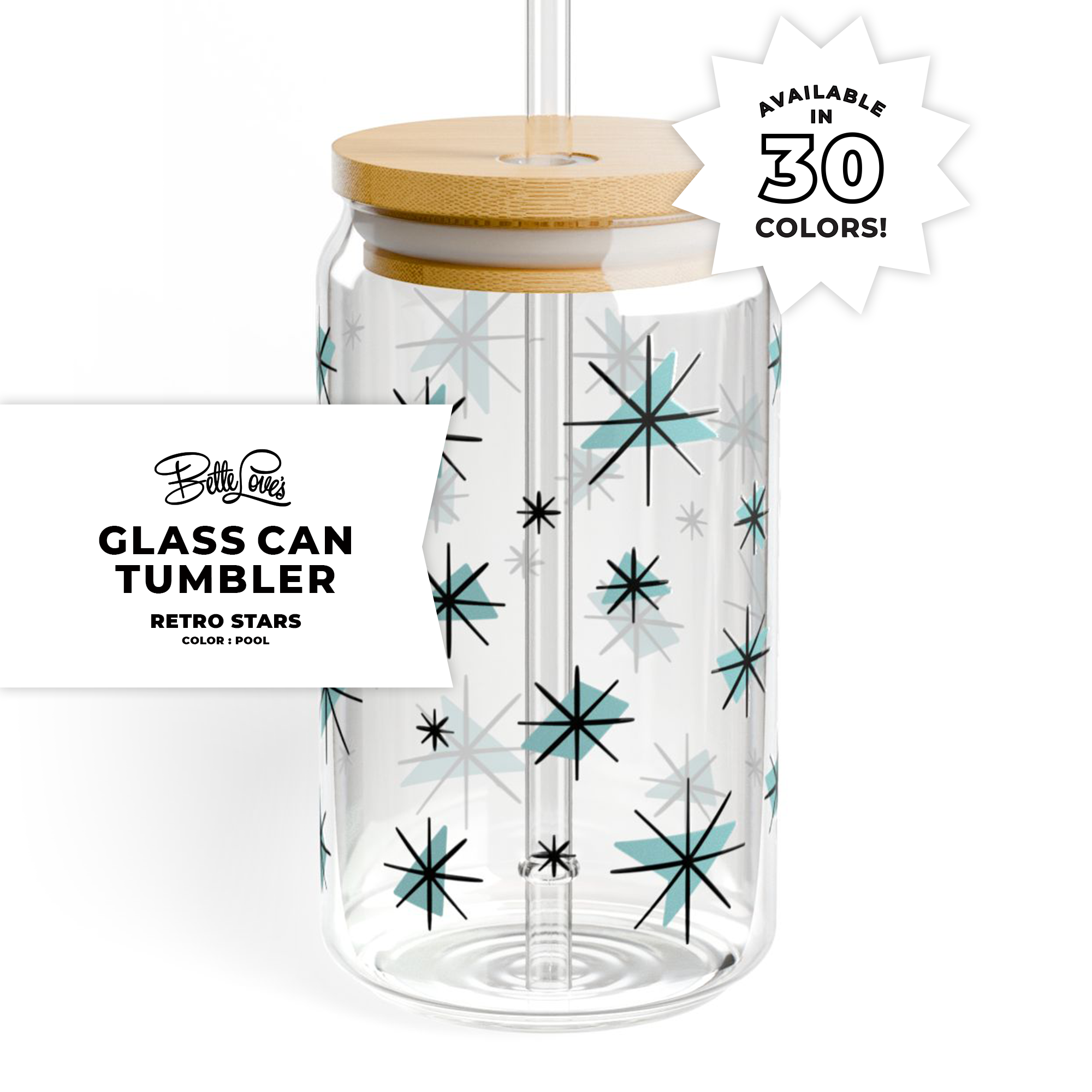 Retro Stars Glass Can Tumbler in Pool product thumbnail image Retro Stars Glass Can Tumbler in Pool product thumbnail image