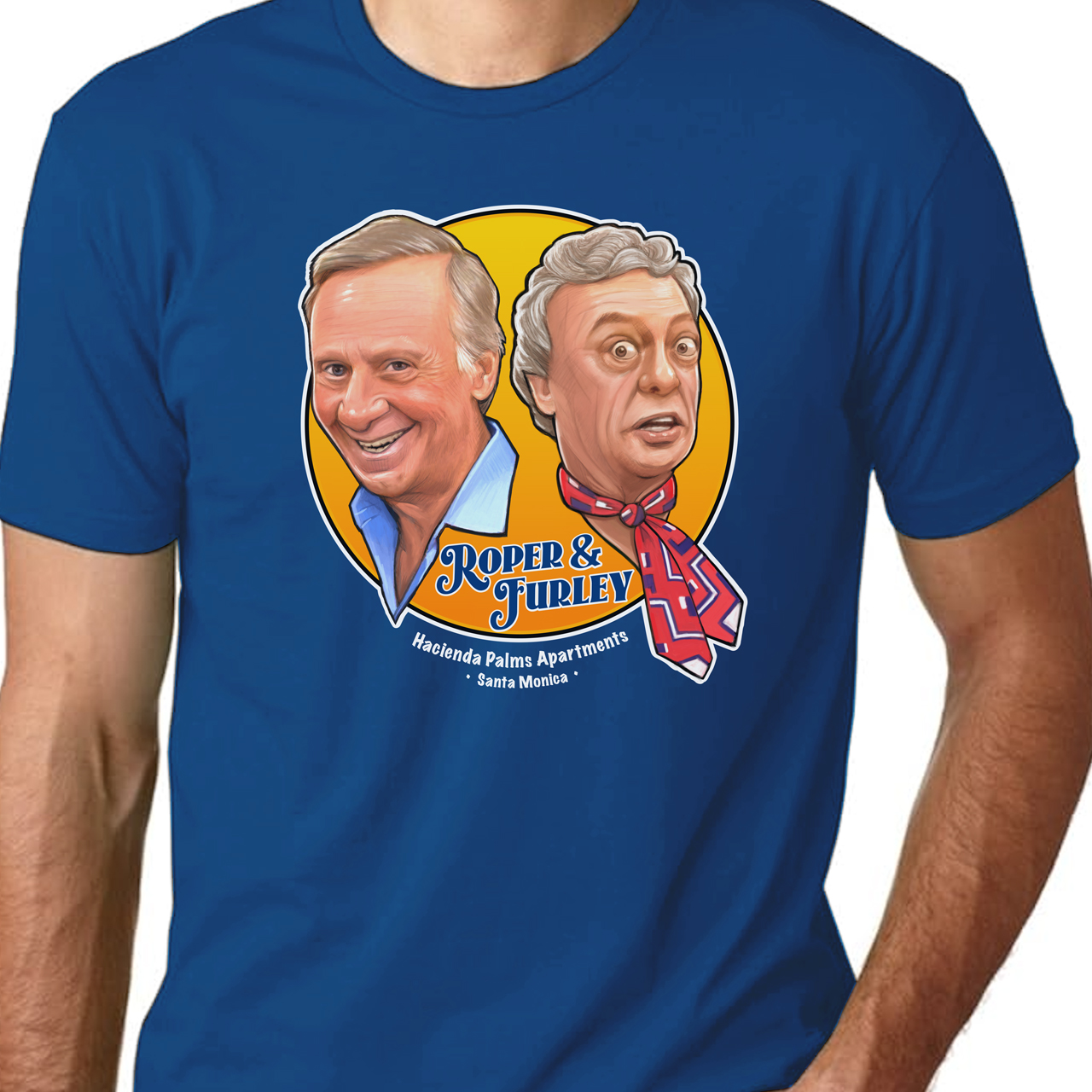 Three's Company Roper & Furley Unisex Cotton Crew Tee product thumbnail image Three's Company Roper & Furley Unisex Cotton Crew Tee product thumbnail image