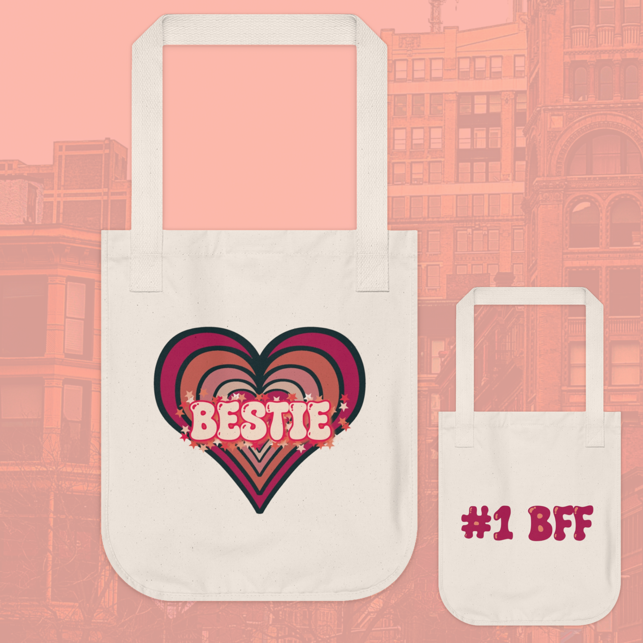 Retro Pink Bestie Heart Organic Cotton Tote Retro Pink Bestie Heart Organic Cotton Tote