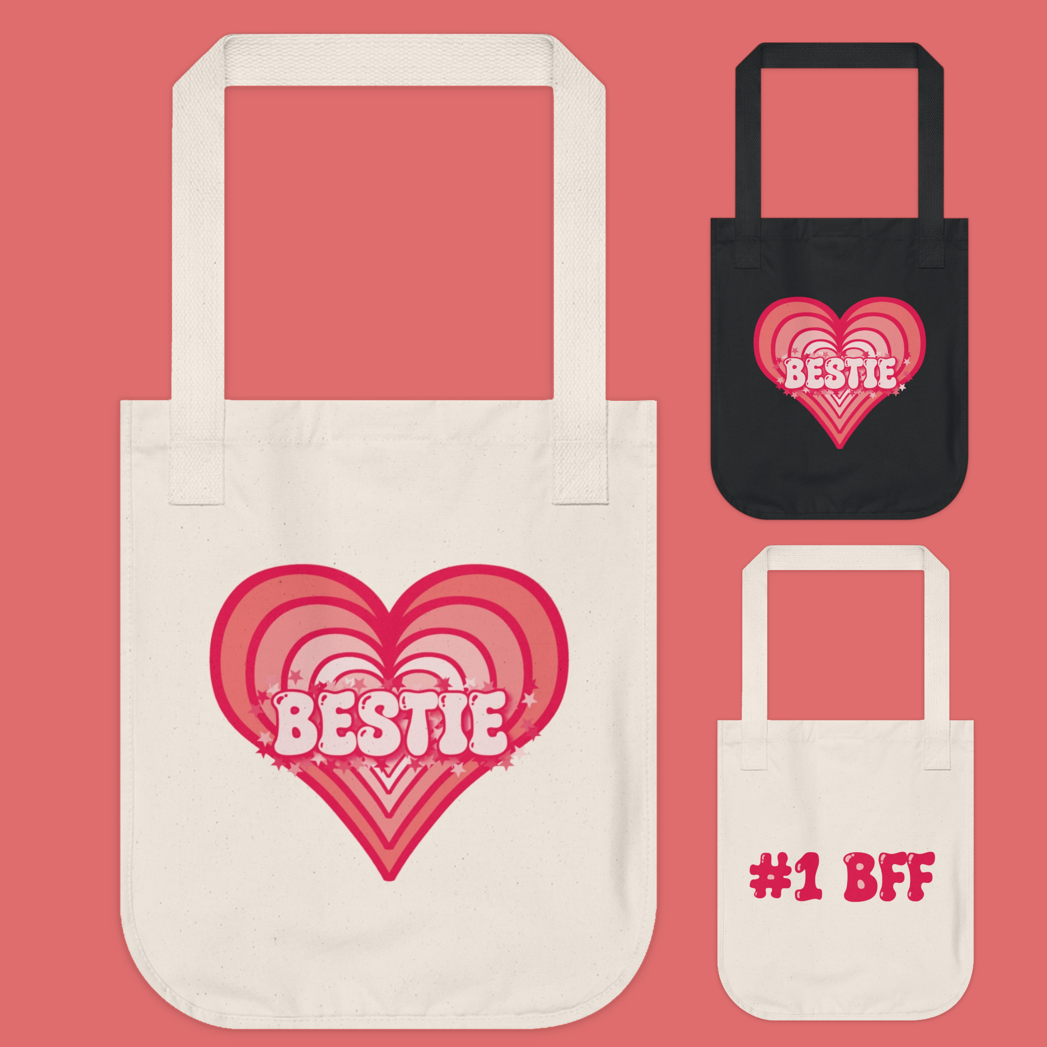 Strawberry Milk Pink Bestie Heart Organic Cotton Tote Strawberry Milk Pink Bestie Heart Organic Cotton Tote