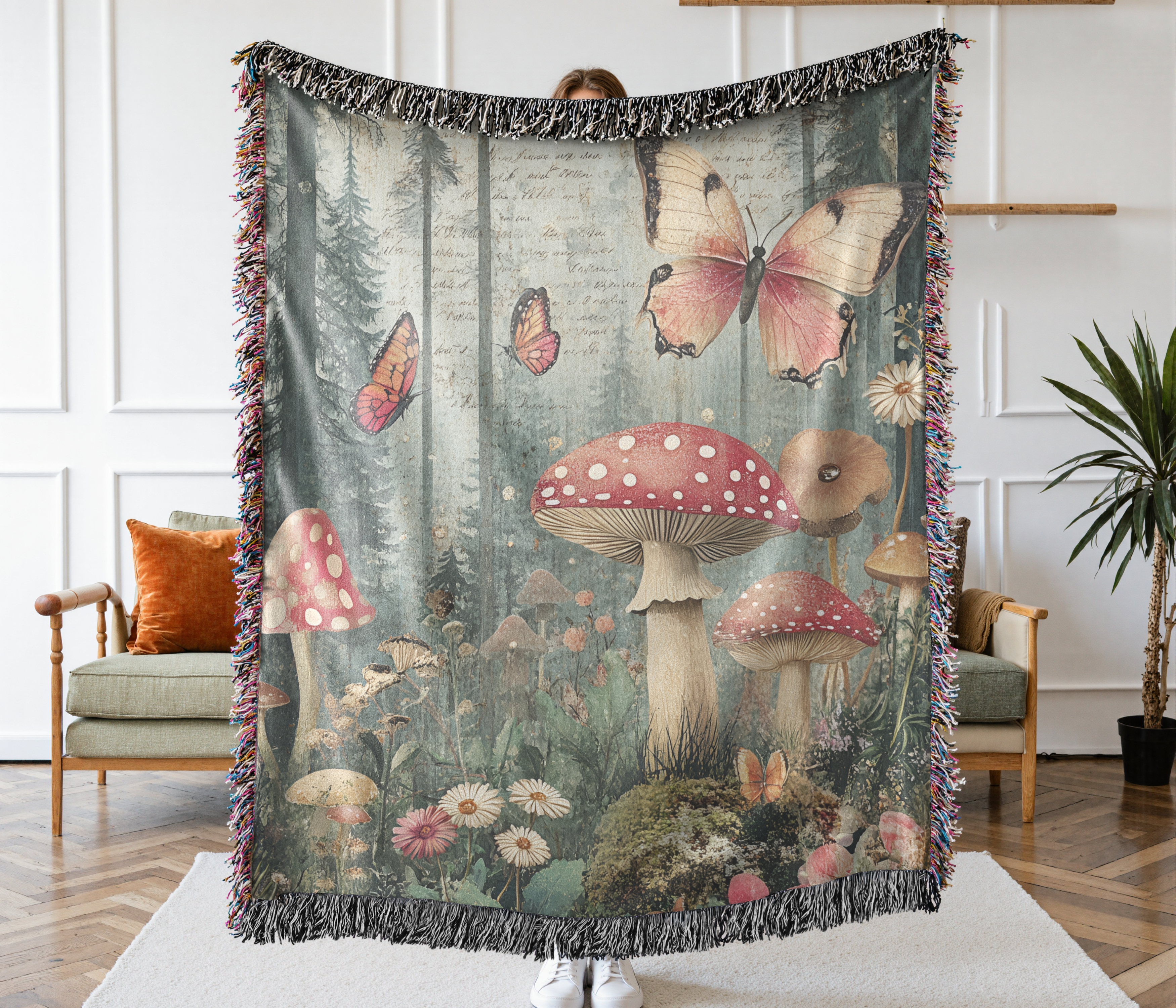 Woven Blanket - Whimsical Forest with Mushrooms