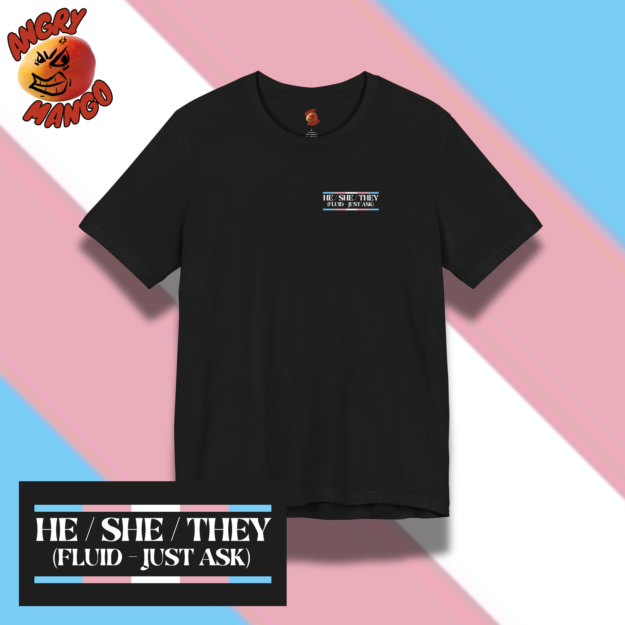 Transgender Pride Tee Gender Fluid with Nametag Design in Trans Pride Colors XS-5XL Transgender Pride Tee Gender Fluid with Nametag Design in Trans Pride Colors XS-5XL
