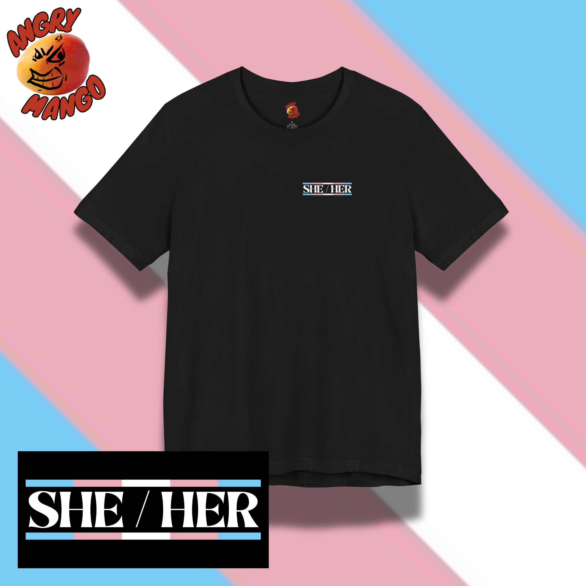 Transgender Pride Tee She/Her with Nametag Design in Trans Pride Colors XS-5XL Transgender Pride Tee She/Her with Nametag Design in Trans Pride Colors XS-5XL