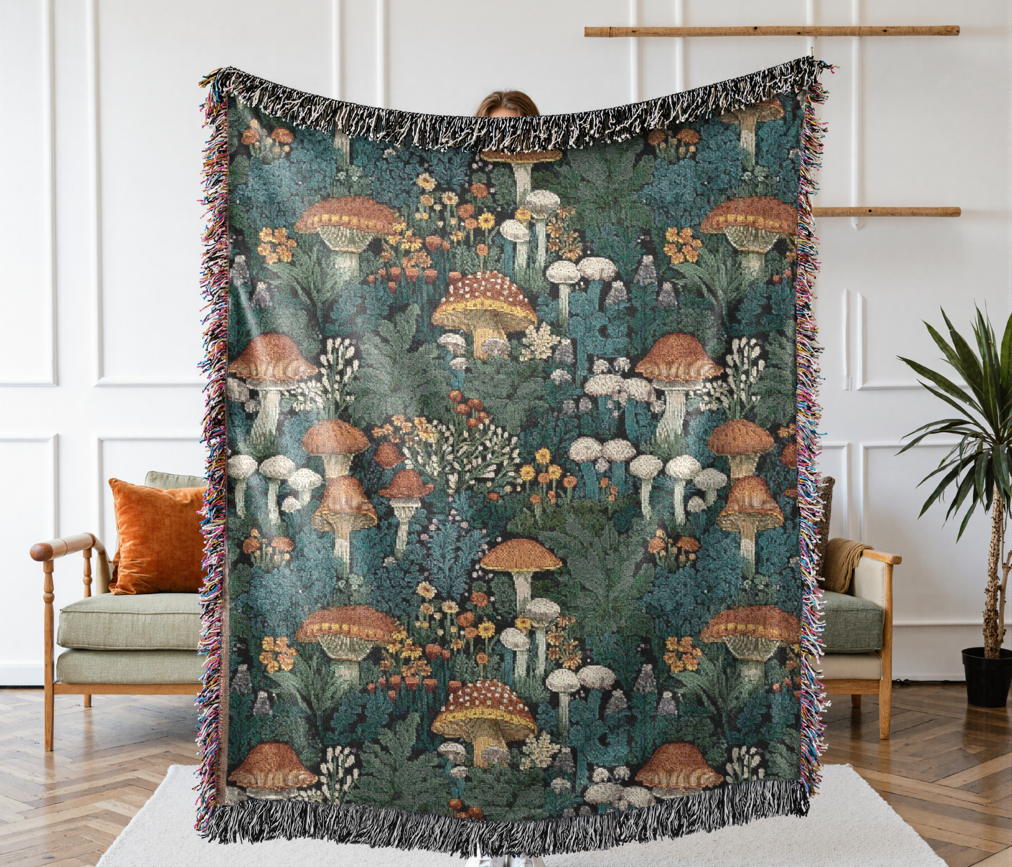 Woven Blanket - Mushroom Forest Cottagecore Throw