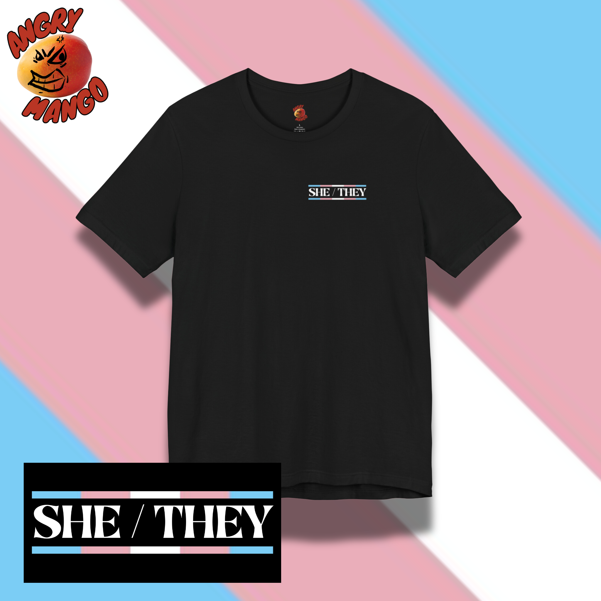 Transgender Pride Tee She/They with Nametag Design in Trans Pride Colors XS-5XL Transgender Pride Tee She/They with Nametag Design in Trans Pride Colors XS-5XL