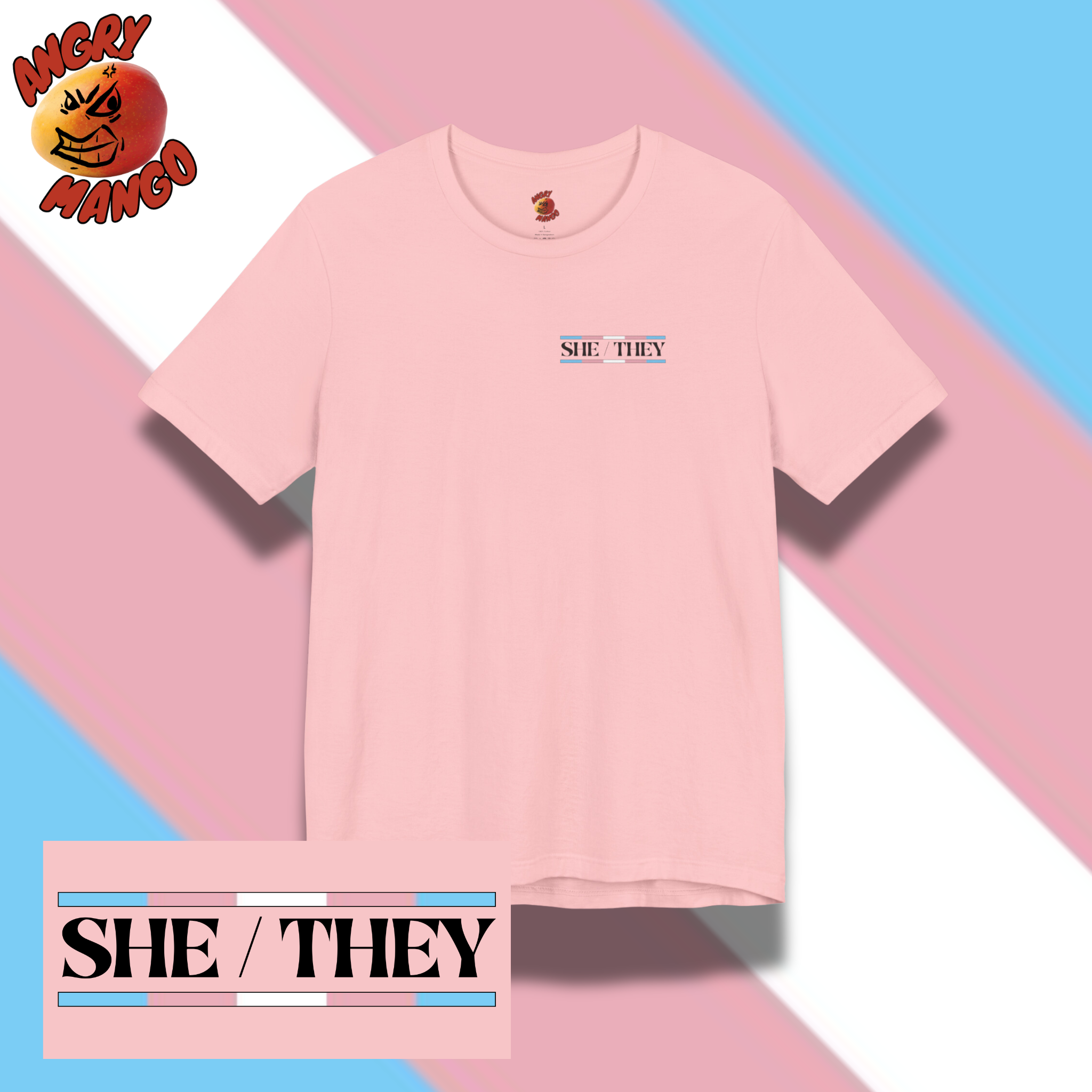 Transgender Pride Tee She/They with Nametag Design in Trans Pride Colors XS-5XL product thumbnail image Transgender Pride Tee She/They with Nametag Design in Trans Pride Colors XS-5XL product thumbnail image