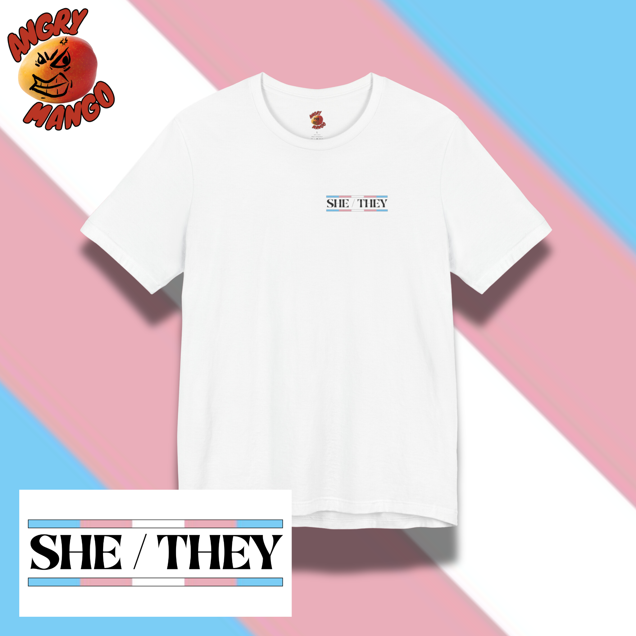 Transgender Pride Tee She/They with Nametag Design in Trans Pride Colors XS-5XL product thumbnail image Transgender Pride Tee She/They with Nametag Design in Trans Pride Colors XS-5XL product thumbnail image