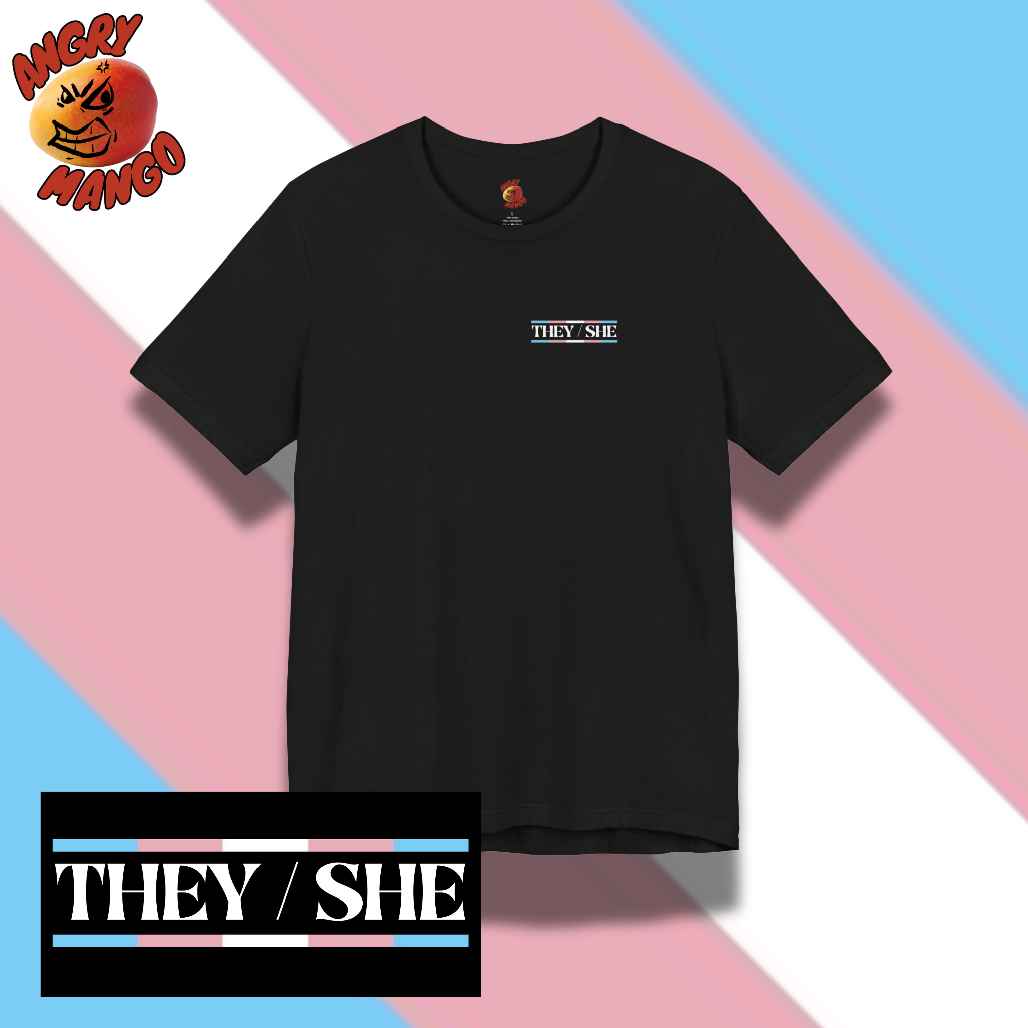 Transgender Pride Tee They/She with Nametag Design in Trans Pride Colors XS-5XL Transgender Pride Tee They/She with Nametag Design in Trans Pride Colors XS-5XL