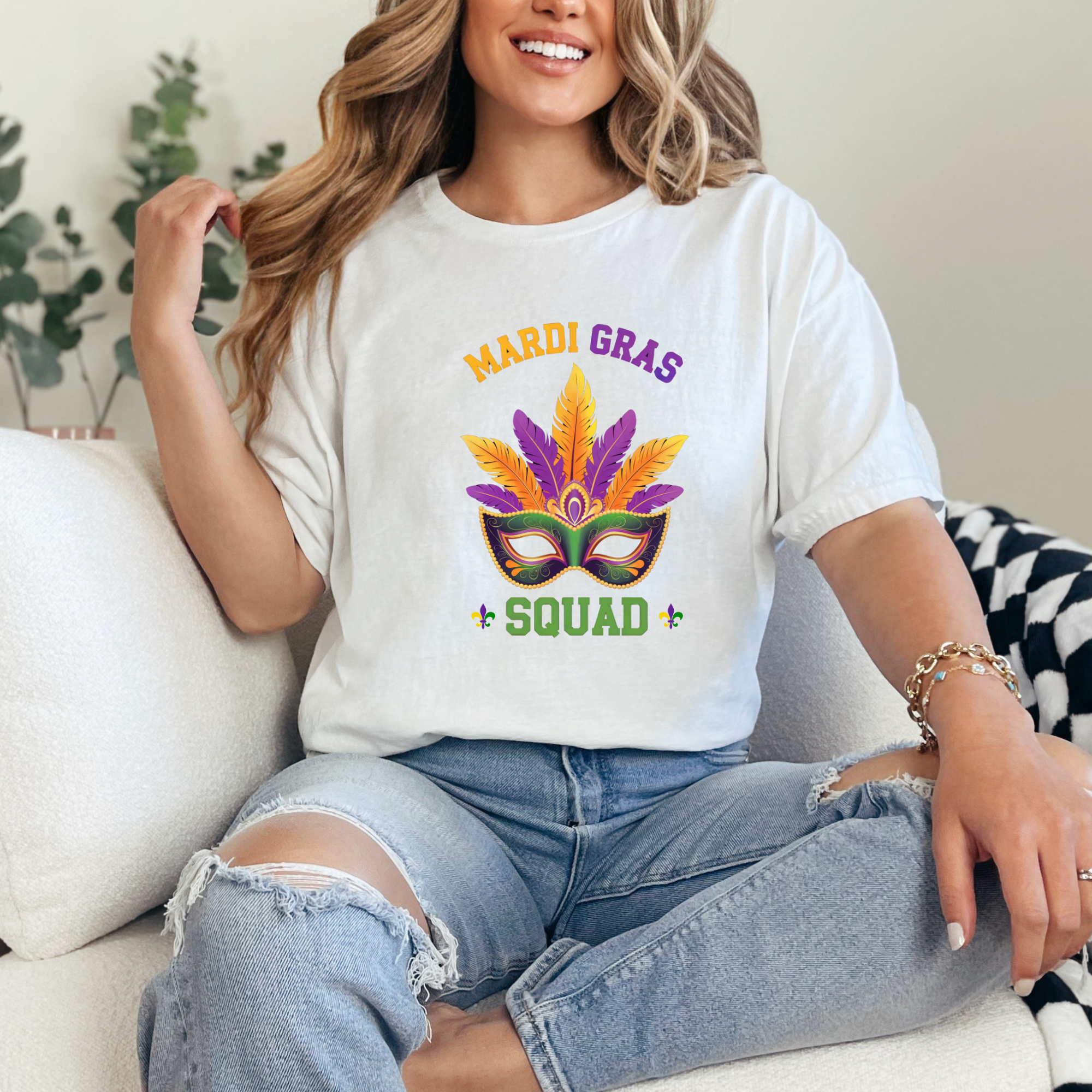 Mardi Gras Squad T-Shirt - Festive Feather Mask Graphic Tee - Perfect Mardi Gras Party Outfit, Carnival Costume Shirt, Masquerade Ball Top, product thumbnail image Mardi Gras Squad T-Shirt - Festive Feather Mask Graphic Tee - Perfect Mardi Gras Party Outfit, Carnival Costume Shirt, Masquerade Ball Top, product thumbnail image