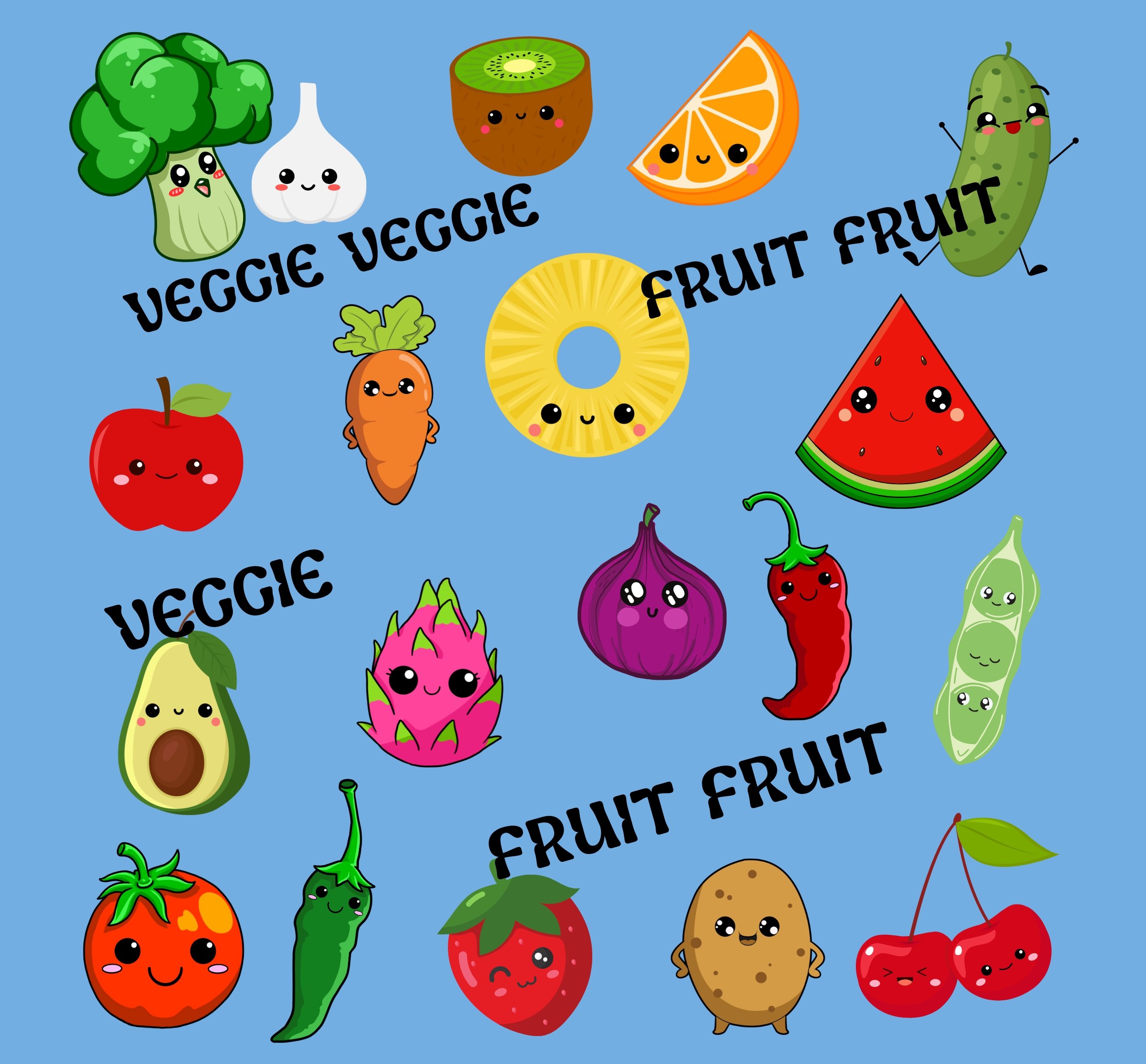 Cute veggie fruit colorful AOP reusable shopping bag in 3 sizes product thumbnail image