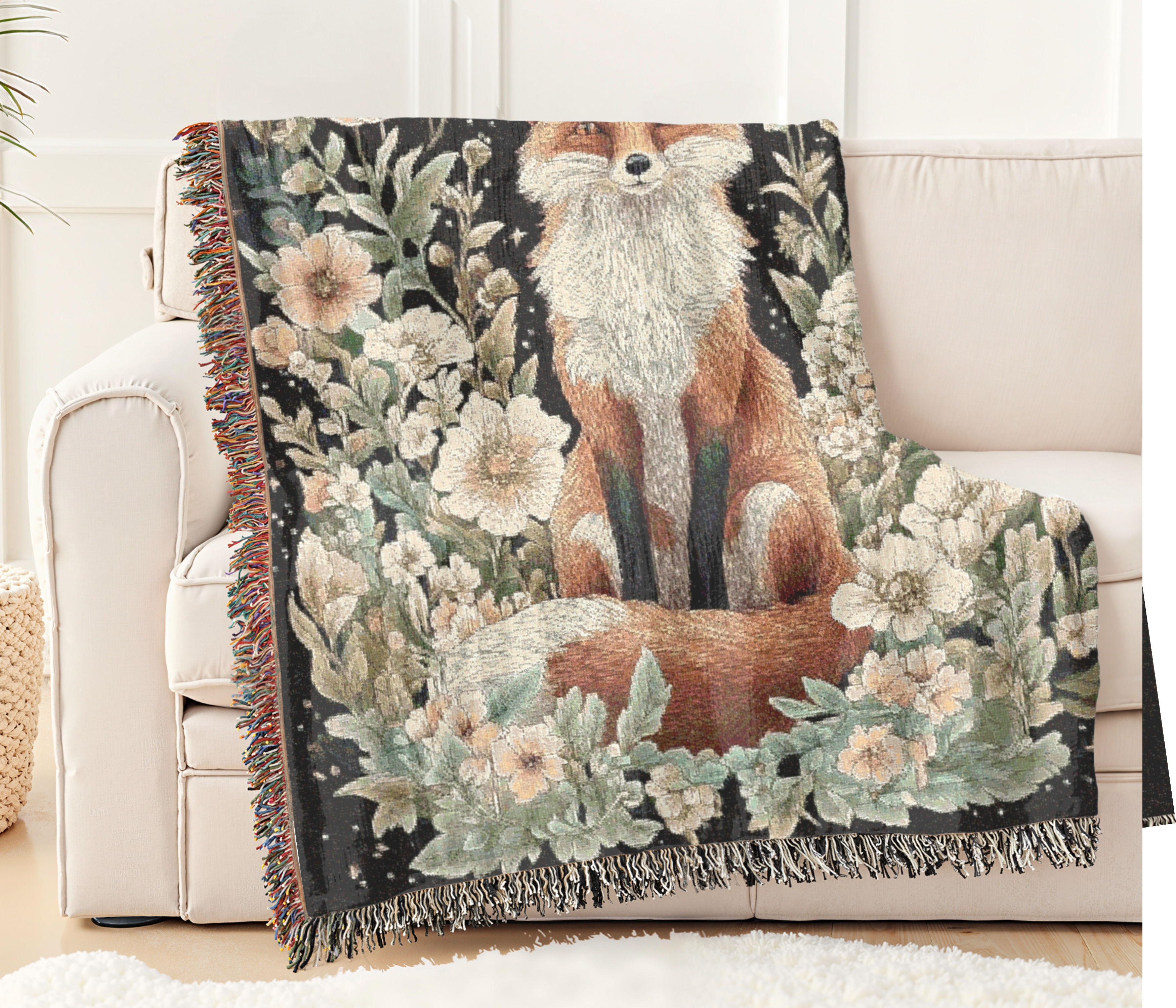 Woven Blanket - Fox and Floral Botanical Throw product thumbnail image Woven Blanket - Fox and Floral Botanical Throw product thumbnail image