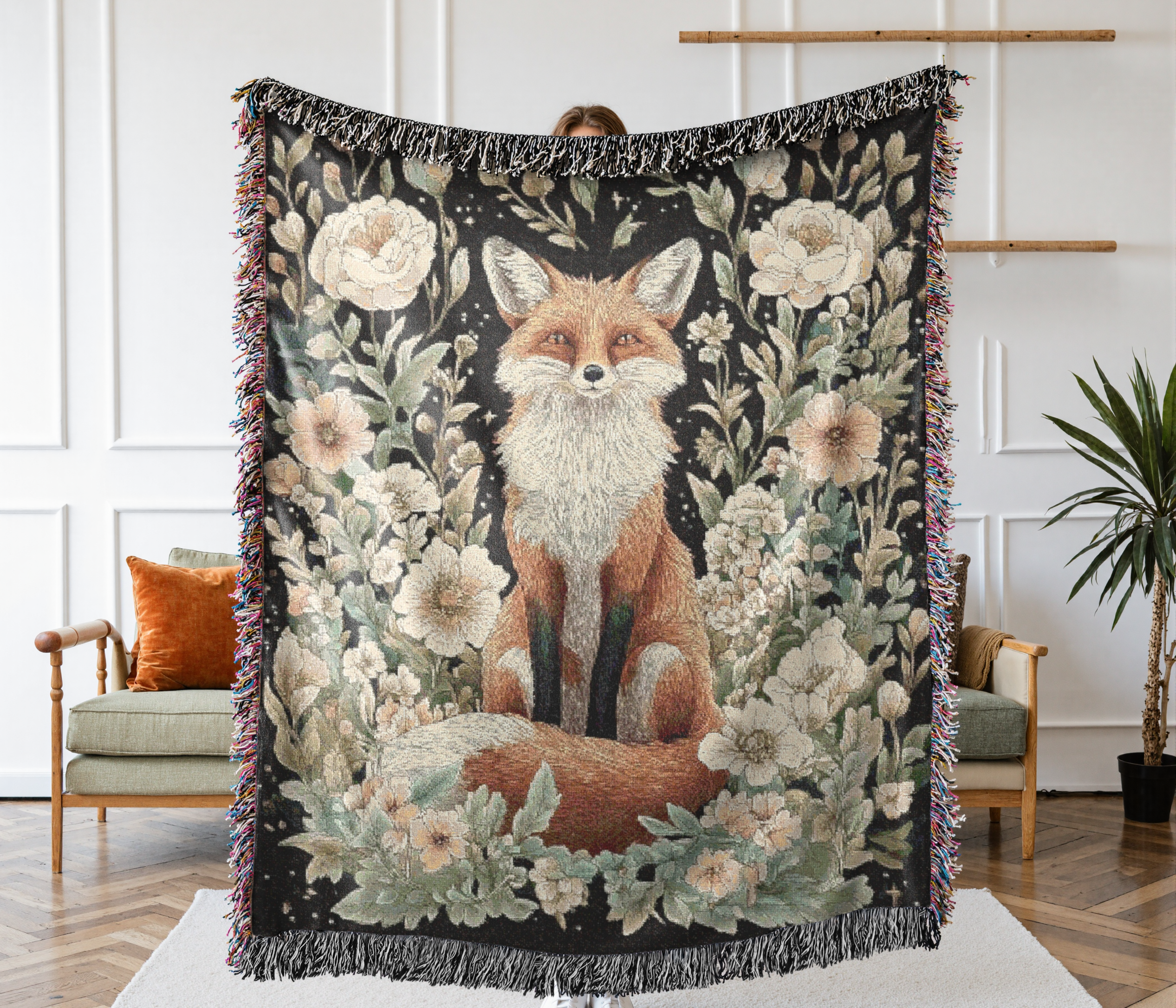 Woven Blanket - Fox and Floral Botanical Throw