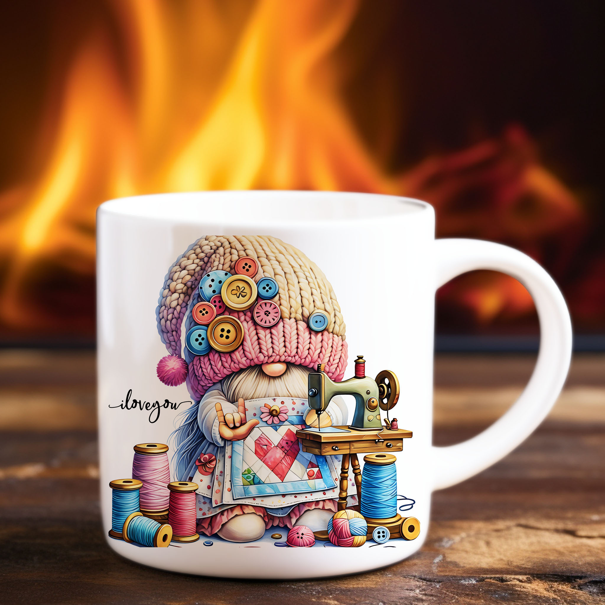 Cute Quilt Gnomes ILY American Sign Language ASL I Love You Ceramic Mug, (11oz, 15oz)