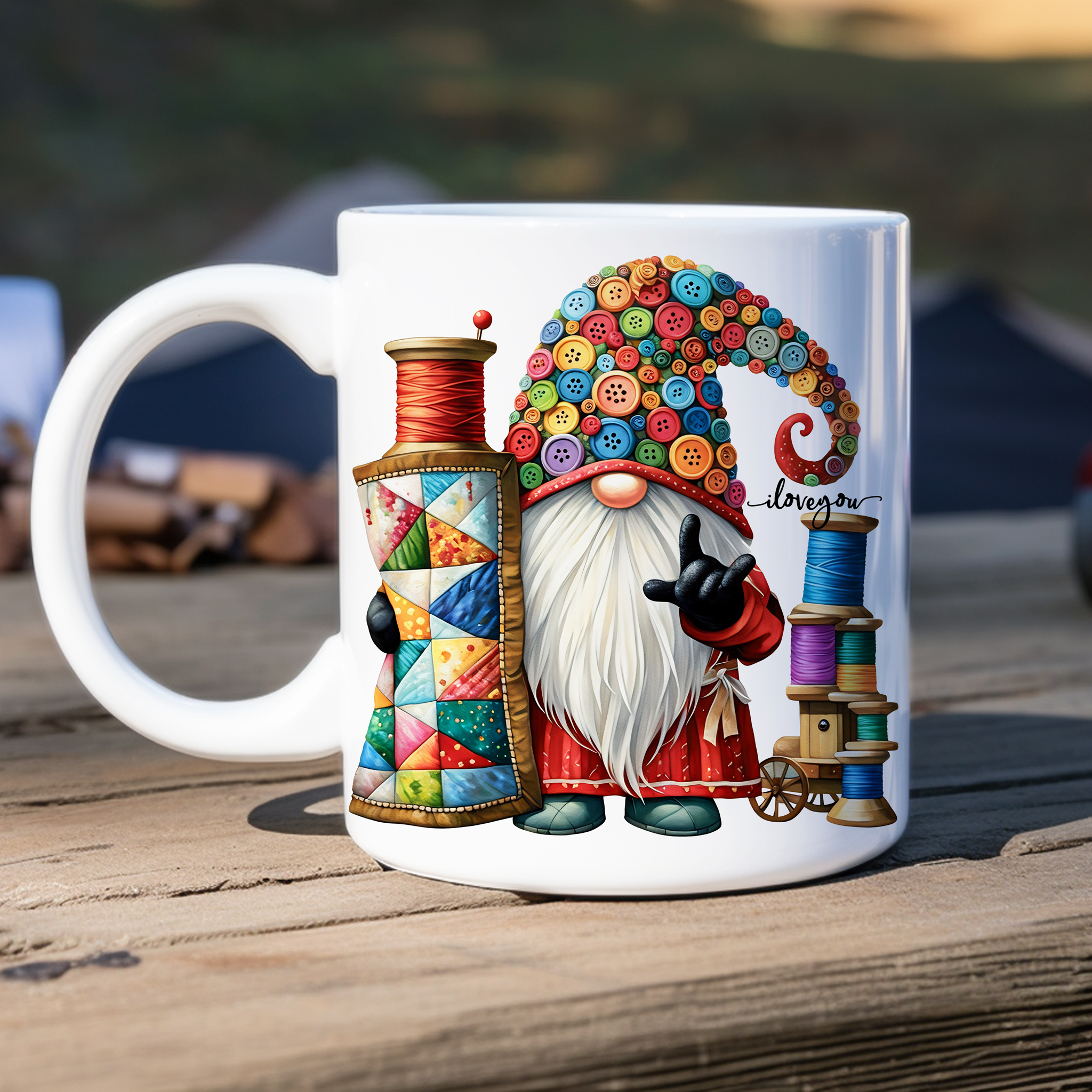 Cute Quilt Gnomes ILY American Sign Language ASL I Love You Ceramic Mug, (11oz, 15oz)