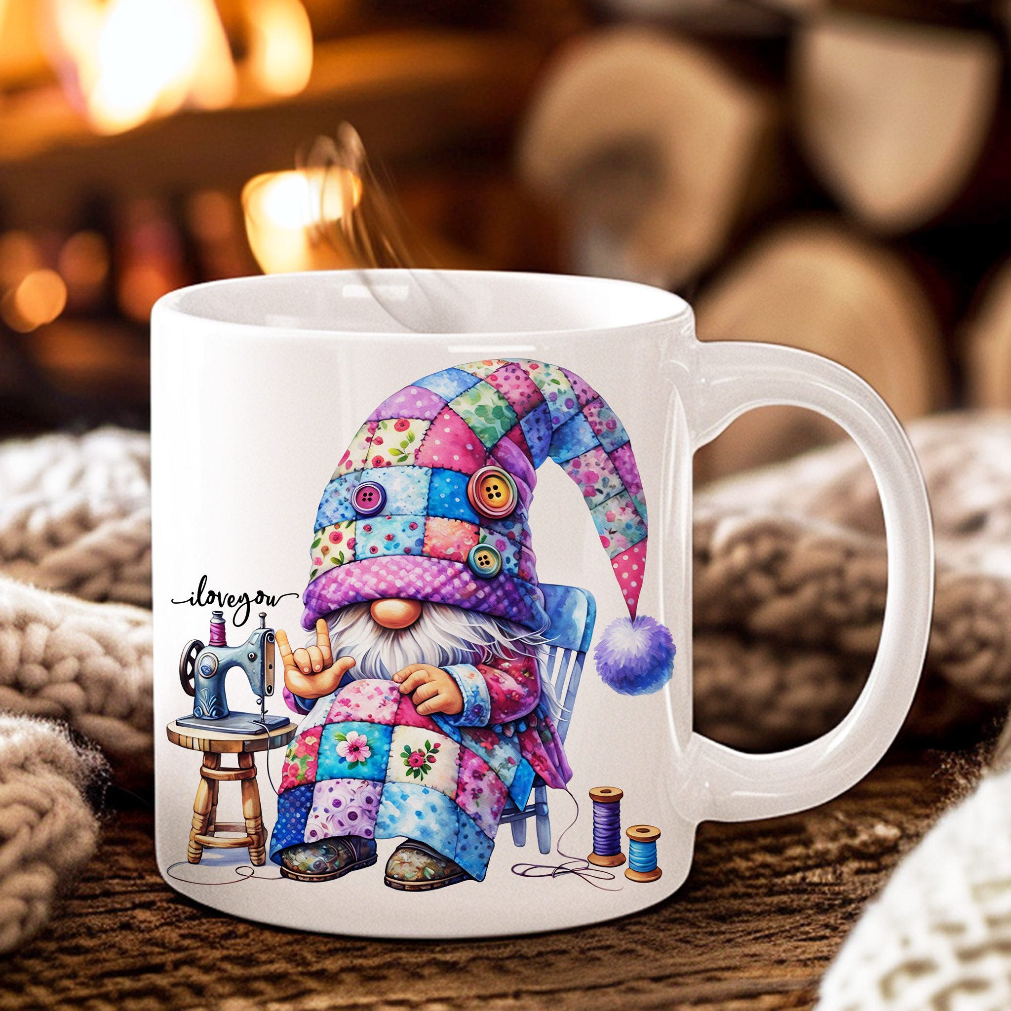 Cute Quilt Gnomes ILY American Sign Language ASL I Love You Ceramic Mug, (11oz, 15oz)