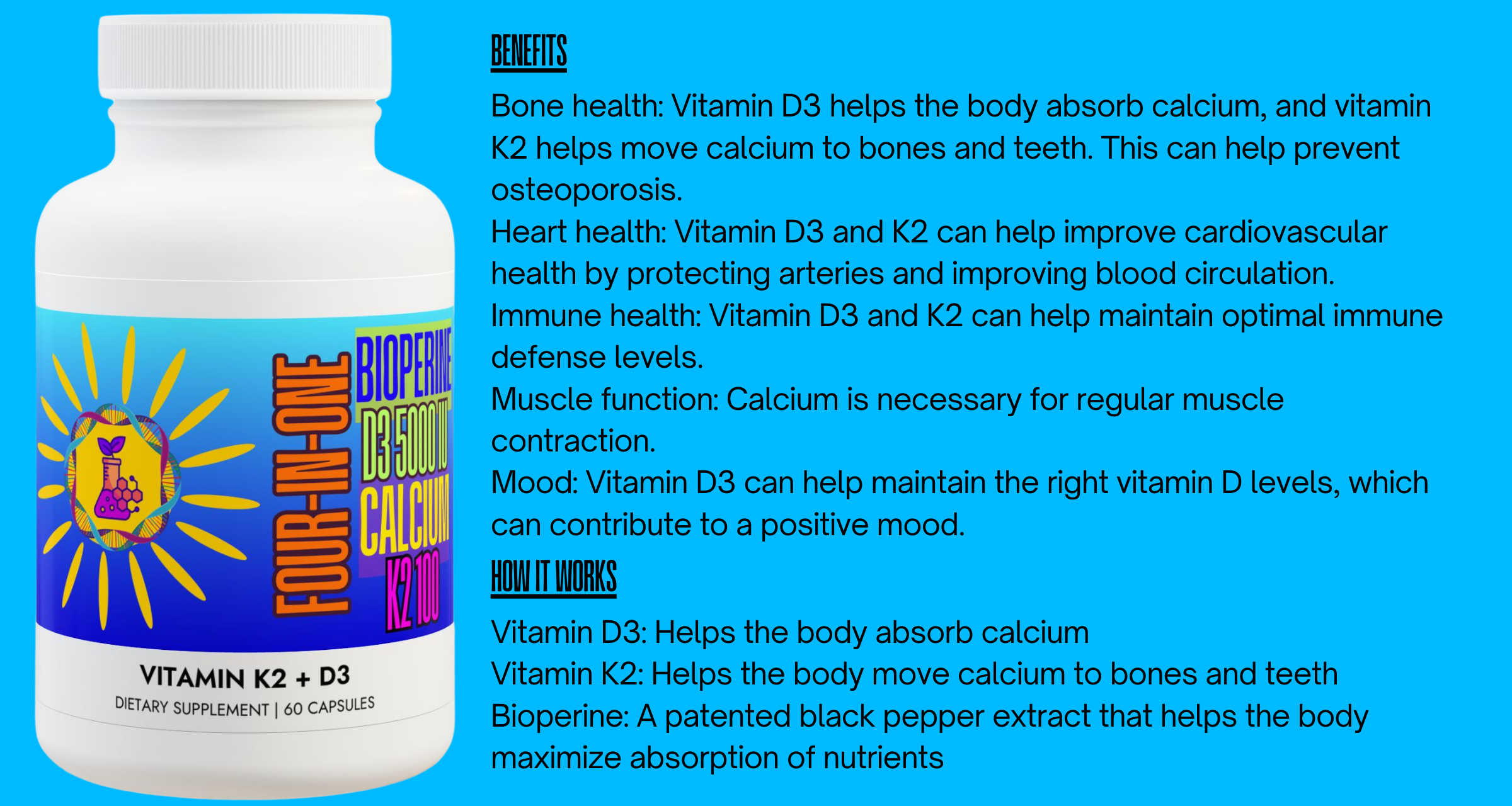 Vitamin K2 + D3 Supplement with BioPerine and Calcium (60 Vegan Capsules) Halal Kosher Bone Health and Mood Supplement One-Month Supply product thumbnail image Vitamin K2 + D3 Supplement with BioPerine and Calcium (60 Vegan Capsules) Halal Kosher Bone Health and Mood Supplement One-Month Supply product thumbnail image