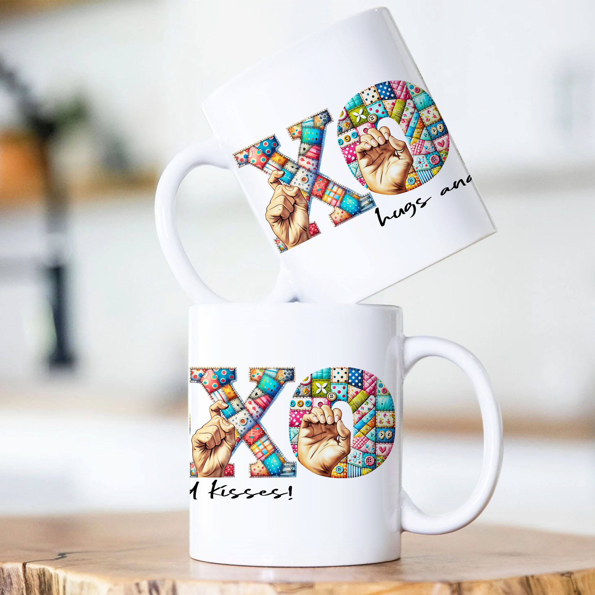 Cute Quilt Fingerspelling XOXO American Sign Language ASL Ceramic Mug, (11oz, 15oz)