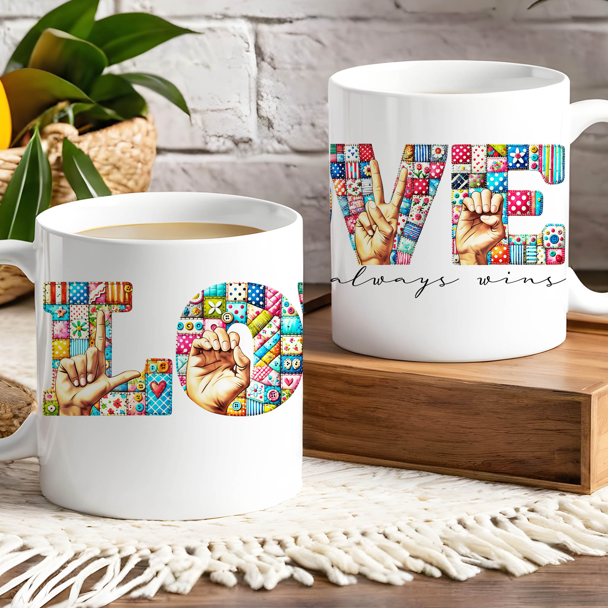 Cute Quilt Fingerspelling LOVE American Sign Language ASL Ceramic Mug, (11oz, 15oz)