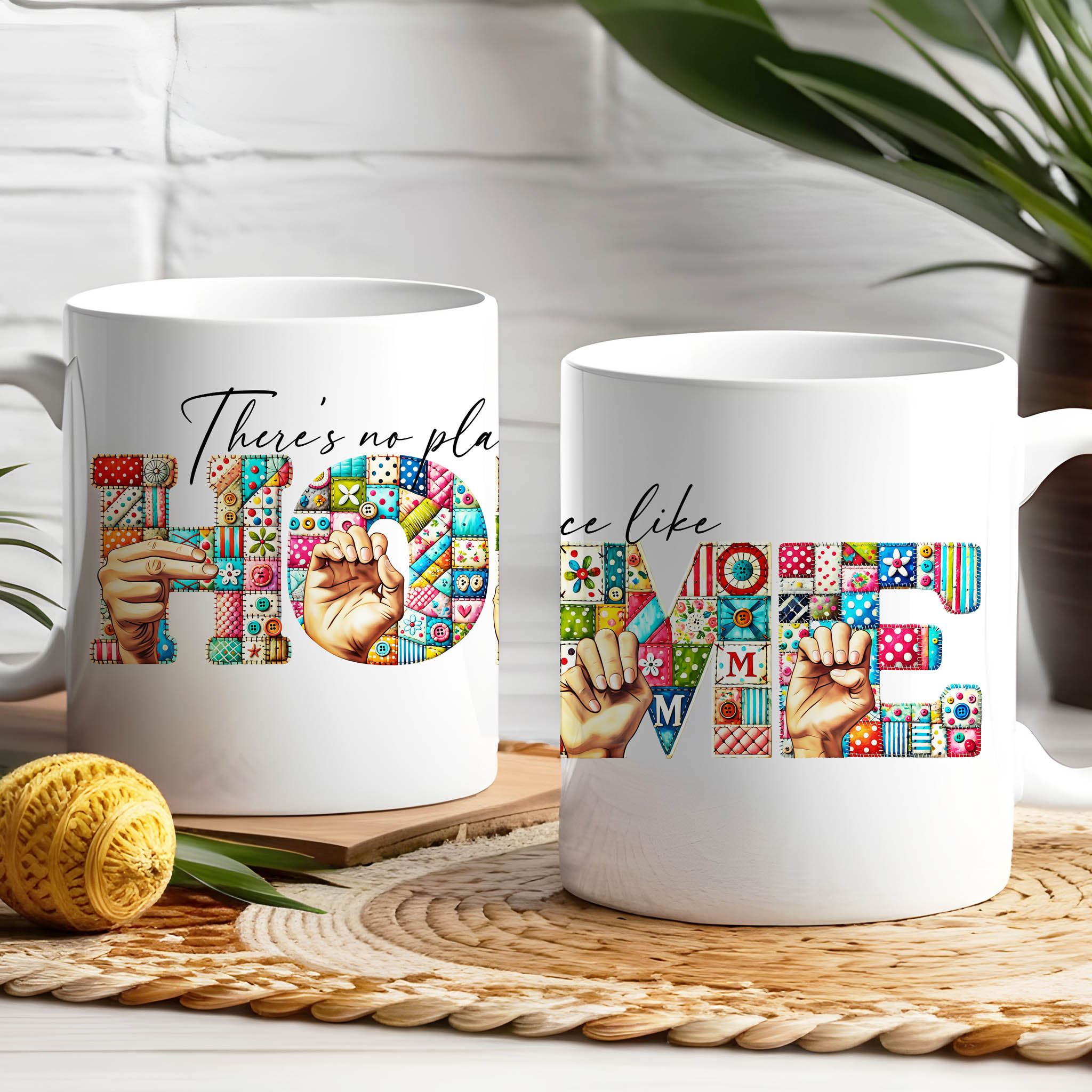 Cute Quilt Fingerspelling HOME American Sign Language ASL Ceramic Mug, (11oz, 15oz)
