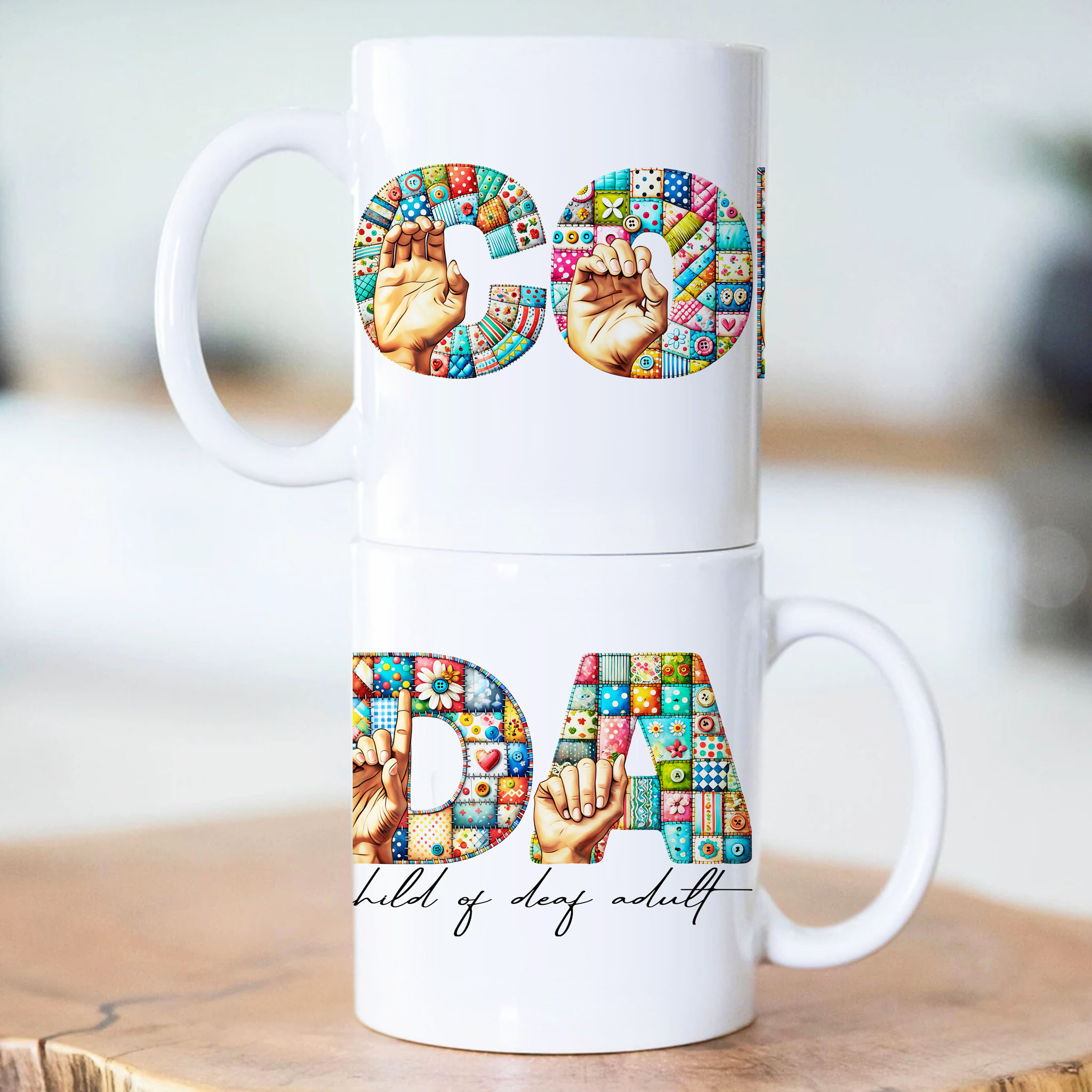 Cute Quilt Fingerspelling CODA (child of deaf adult) American Sign Language ASL Ceramic Mug, (11oz, 15oz)