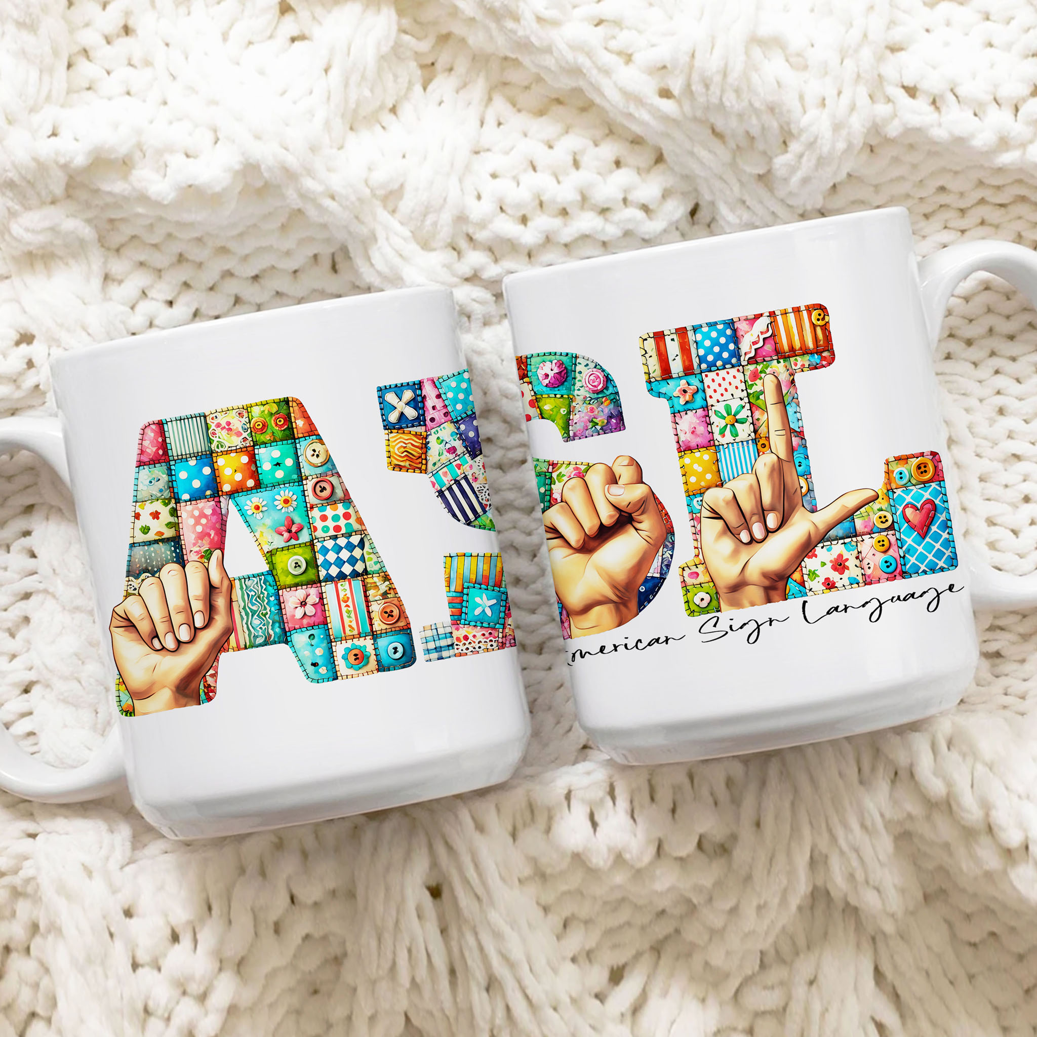 Cute Quilt Fingerspelling ASL stands for American Sign Language Ceramic Mug, (11oz, 15oz)