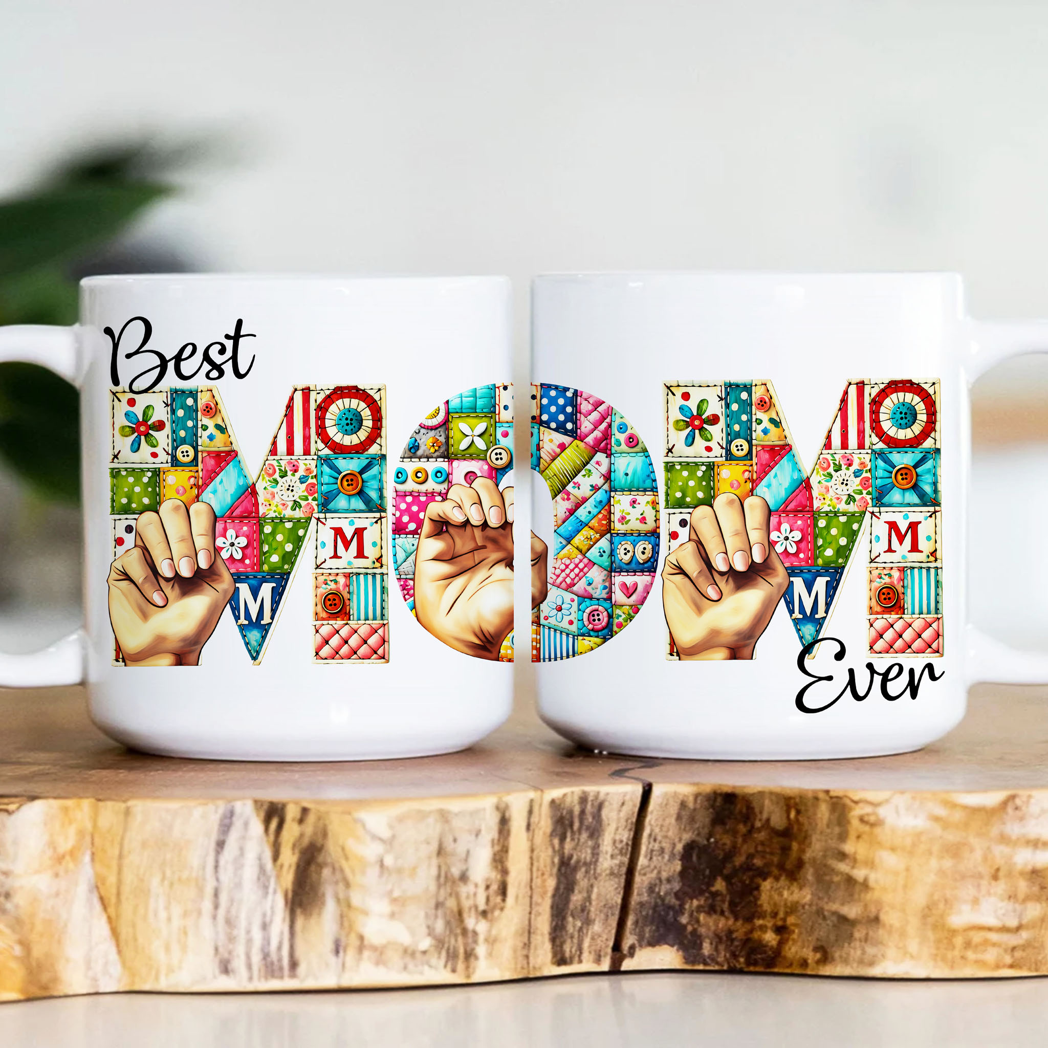 Cute Quilt Fingerspelling MOM American Sign Language ASL Ceramic Mug, (11oz, 15oz)
