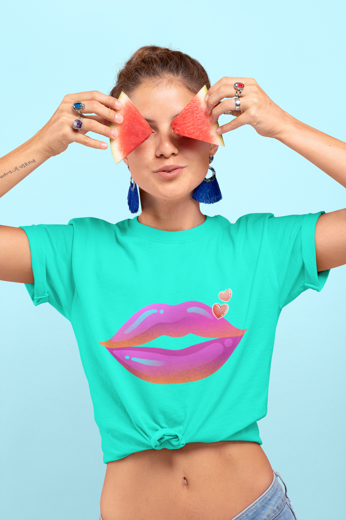 Bold Kiss Lips with Hearts Shirt, Vibrant Pop Art Lip T-Shirt, Valentine T-Shirt Gift, Lip Art Shirt, Black History T-Shirts for Women product thumbnail image