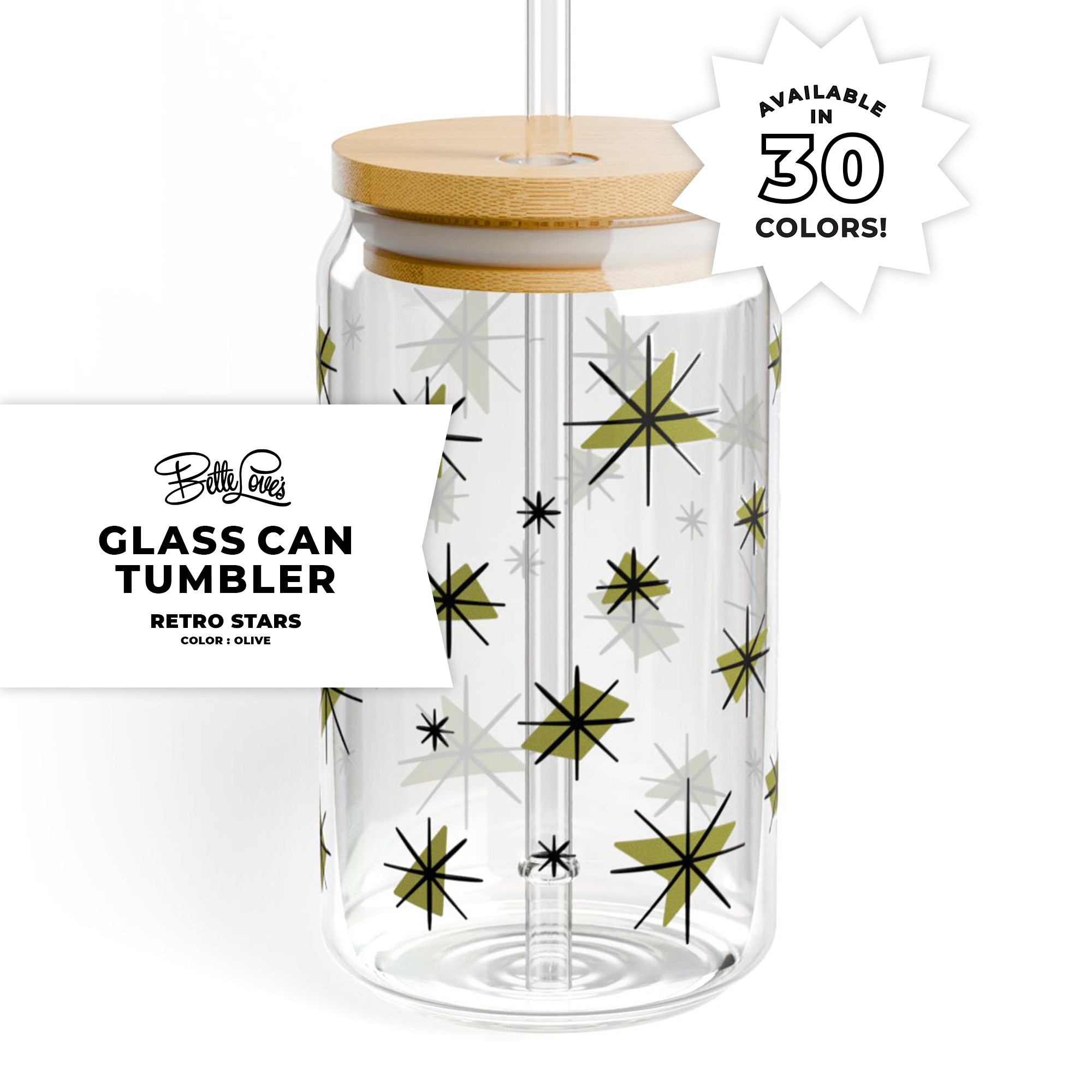Retro Stars Glass Can Tumbler in Olive product thumbnail image Retro Stars Glass Can Tumbler in Olive product thumbnail image