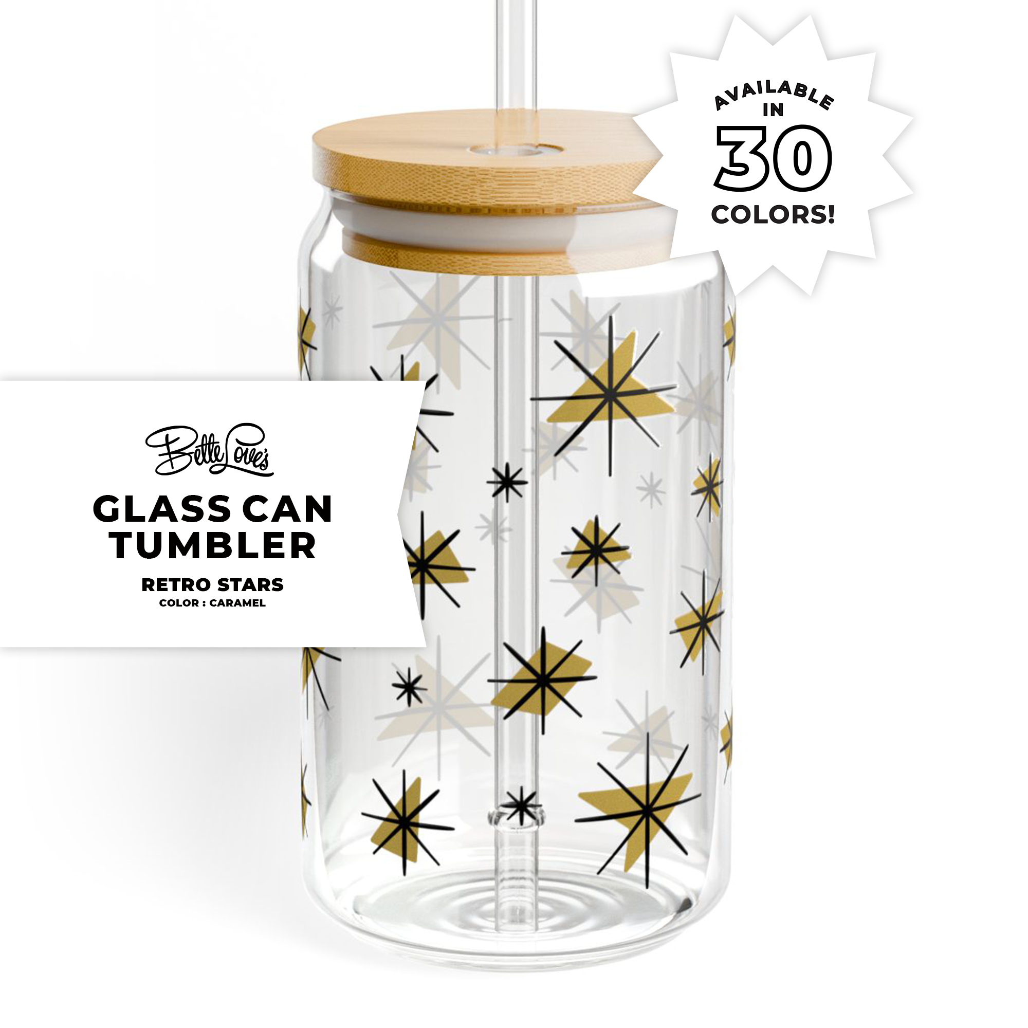 Retro Stars Glass Can Tumbler in Caramel product thumbnail image Retro Stars Glass Can Tumbler in Caramel product thumbnail image