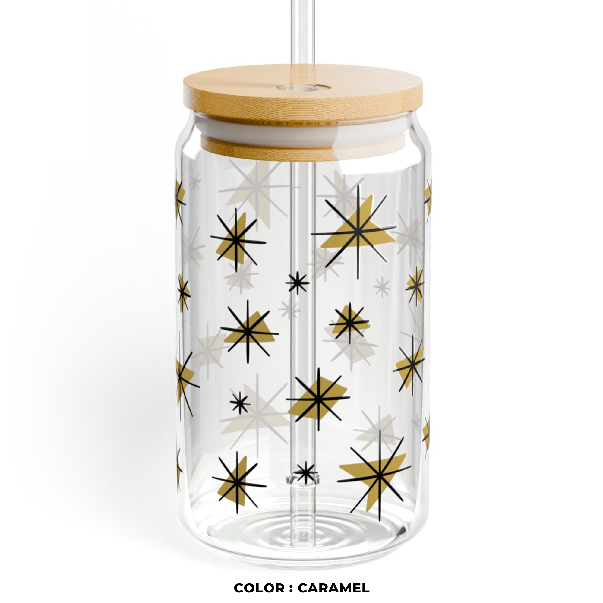 Retro Stars Glass Can Tumbler in Caramel product thumbnail image Retro Stars Glass Can Tumbler in Caramel product thumbnail image