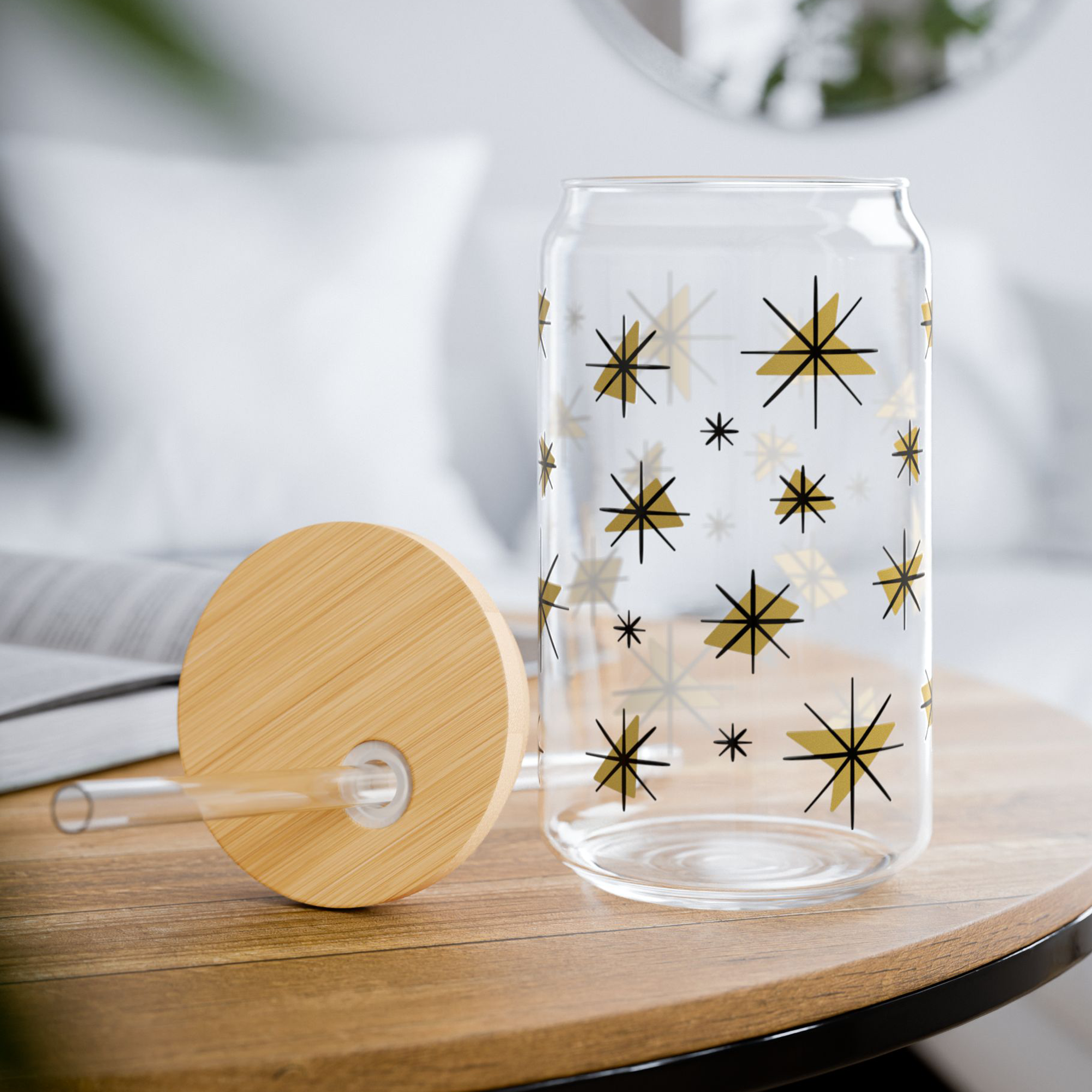 Retro Stars Glass Can Tumbler in Caramel product thumbnail image Retro Stars Glass Can Tumbler in Caramel product thumbnail image
