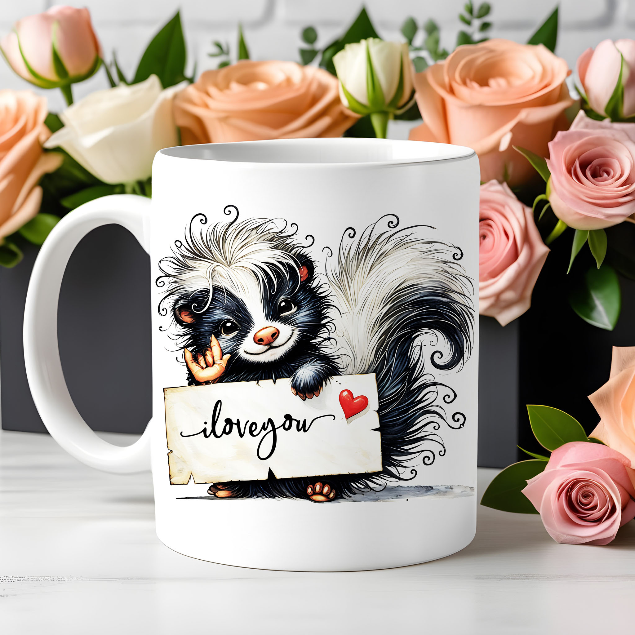 Valentine Skunk ILY American Sign Language ASL I Love You Ceramic Mug, (11oz, 15oz) product thumbnail image Valentine Skunk ILY American Sign Language ASL I Love You Ceramic Mug, (11oz, 15oz) product thumbnail image