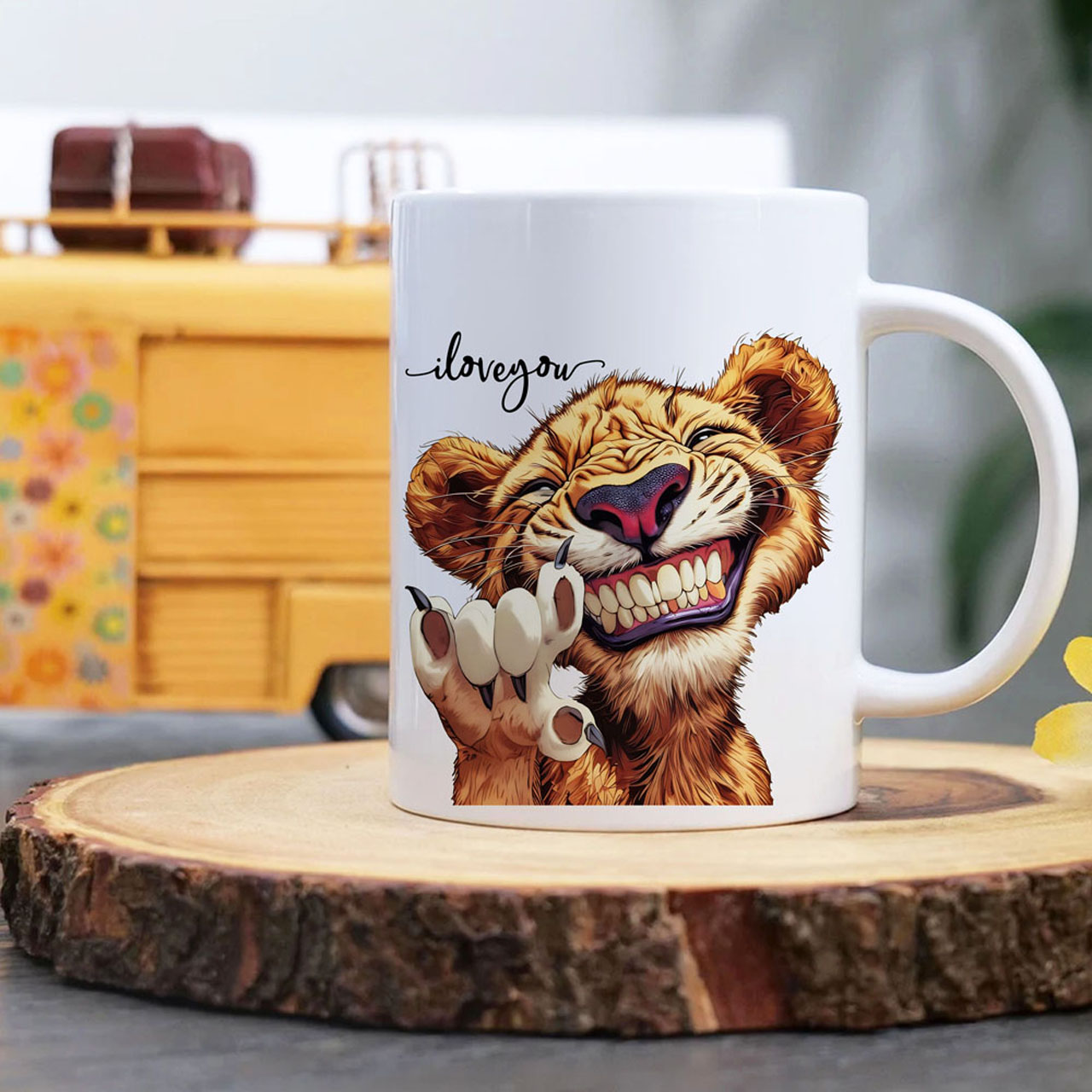 Cartoon Lion American Sign Language ASL ILY I Love You Ceramic Mug, (11oz, 15oz)